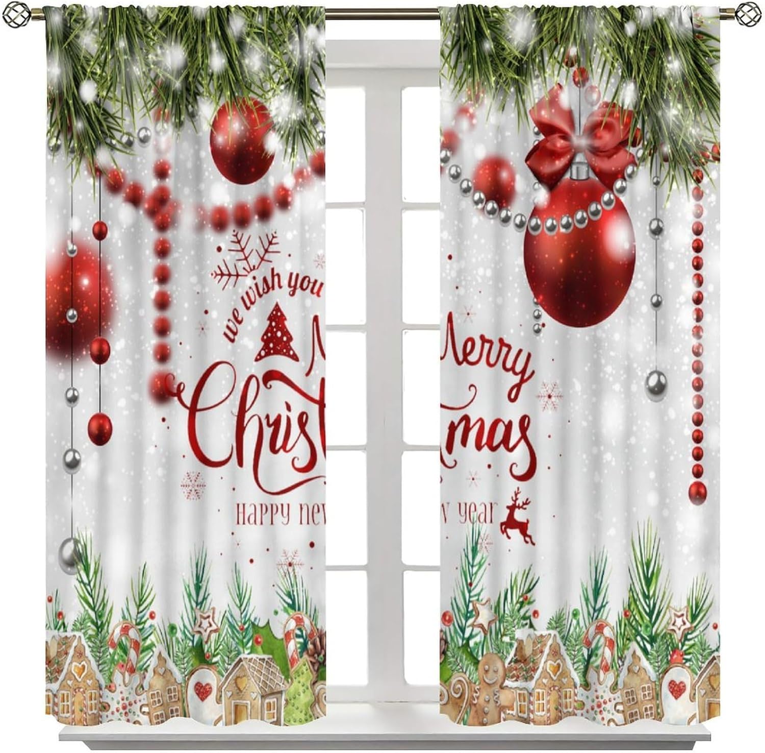 Red Christmas Ball Curtains Pine Winter Snowflake New Year Cookie Man Blackout Rod Pocket Window Treatments for Restaurant Adult Boys Girl Kid Bedroom Living Kitchen Cafe Drapes 42" W X 45" L