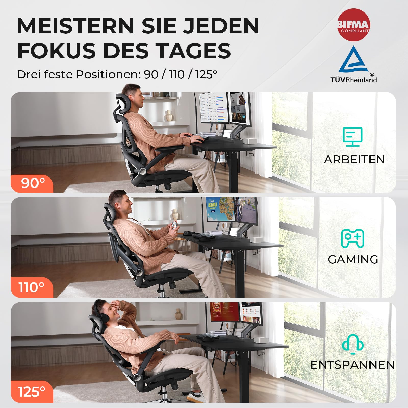 CAPOT Ergonomischer Bürostuhl aus Netzstoff, Verstellbarer Schreibtischstuhl mit hoher Rückenlehne, 180 kg, 4D-Klapparme, 3-stufige Neigungslehne, 3D-Kopfstütze, PU-Räder, drehbarer Computerstuhl für