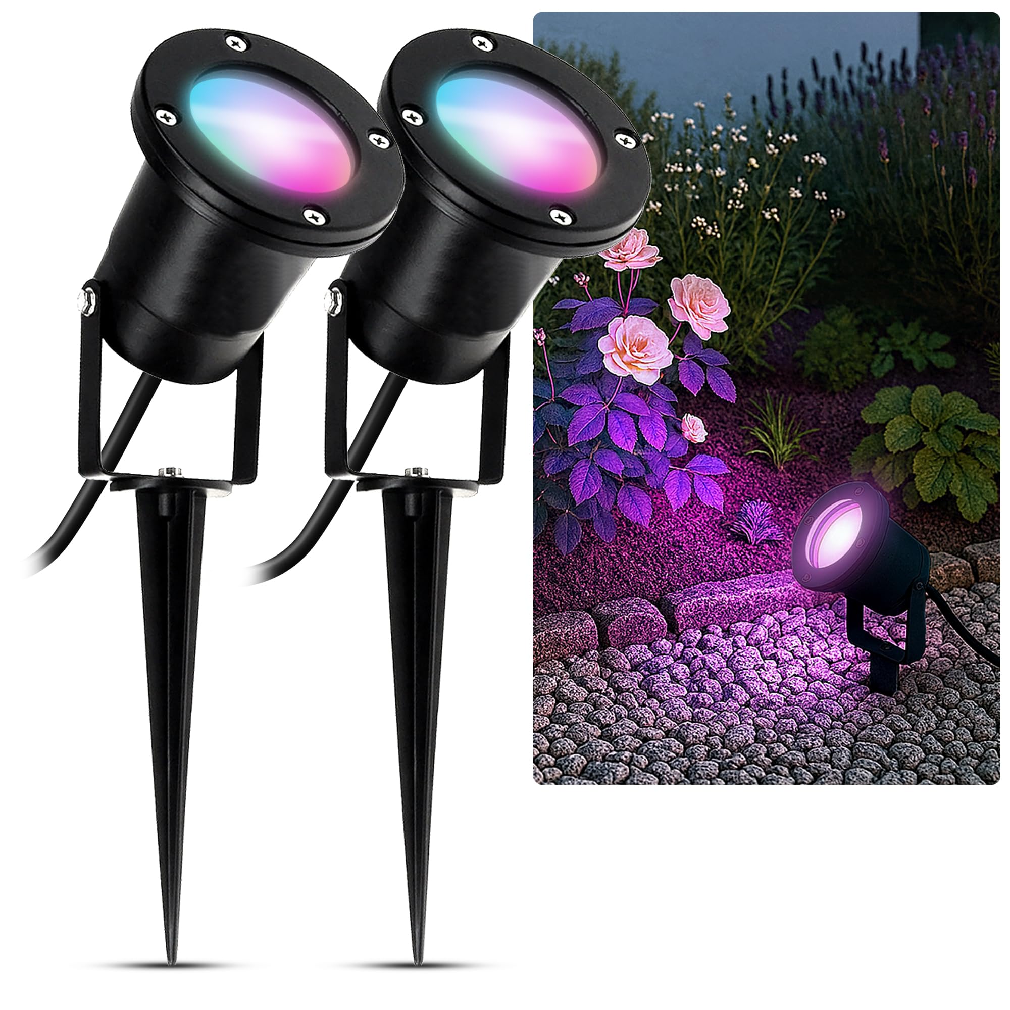 SSC-LUXon 2 Stück KARI Außenlampe schwarz Erdspießstrahler IP65 – inkl. Smart WLAN GU10 Leuchtmittel 4W CCT – Gartenbeleuchtung steuerbar per App Alexa