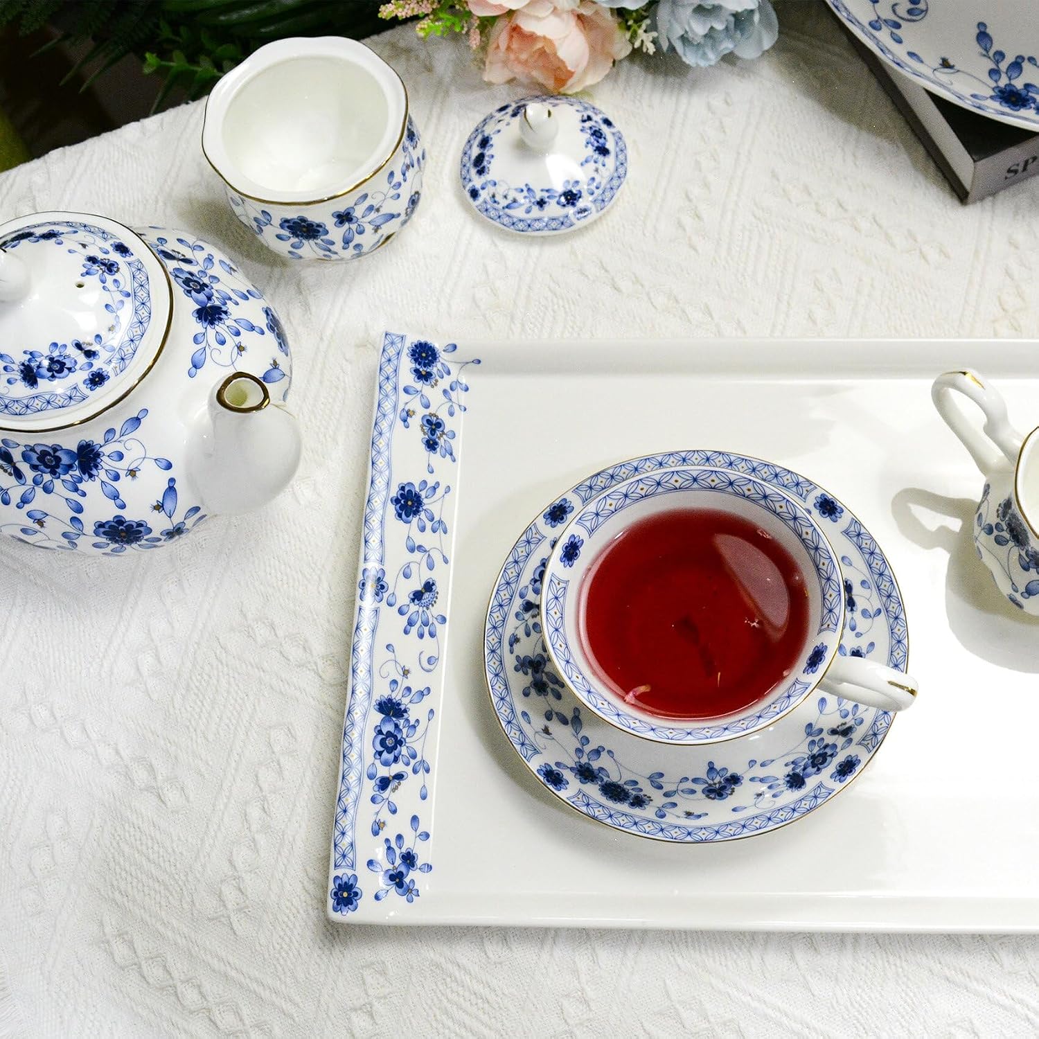 Bone China Serving Trays, 14 Inch Porcelain Serving Tray, Blue and White Bone China Tea Trays for Serving, Decorative Serving Food Tray Dessert Tray for Home, Party, Mother's Day (Blue)