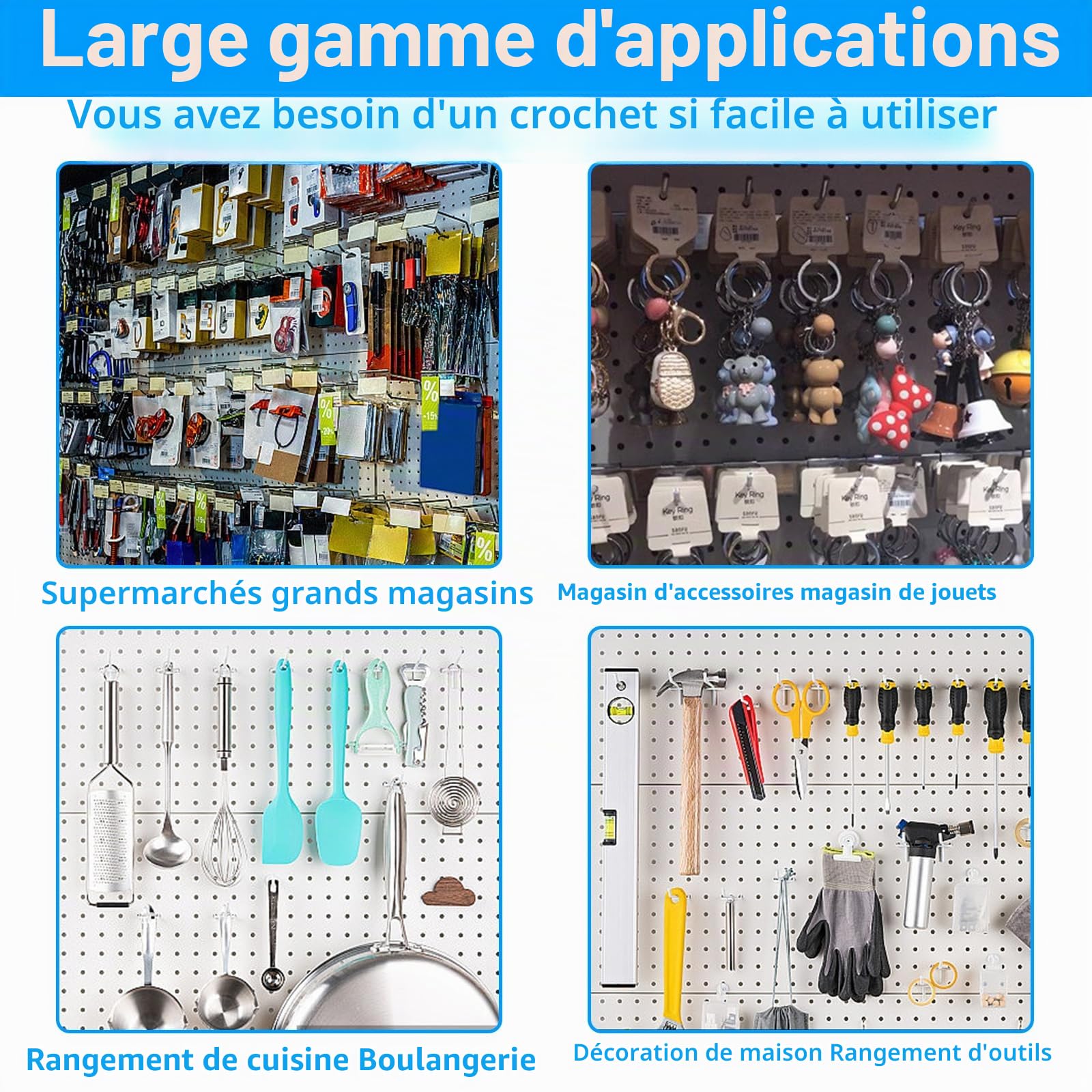 Lot de 100 Crochets pour Panneau Perforé (Pegboard), 10 cm, Ø 3.5 mm, 3.2 cm d'Écartement, Porte Mural Garage Atelier, Charge Max 3 kg
