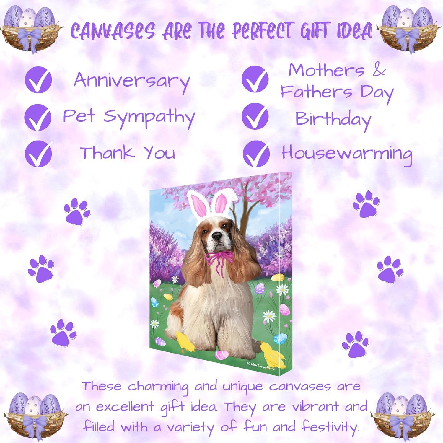 Easter with Cocker Spaniel Dogs Canvas Wall Art - Premium Quality Ready to Hang Room Decor - Pecan Floating Framed 16" x 16"