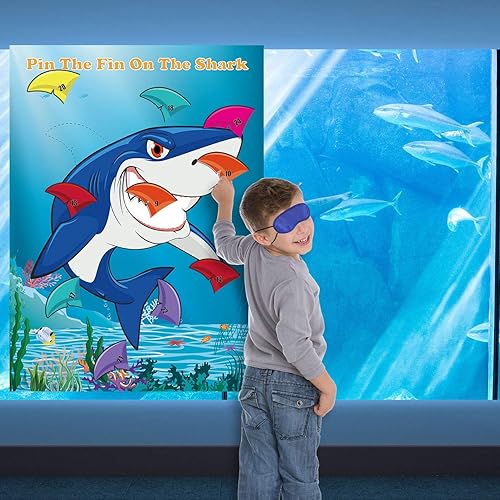 Miniatura 6 de FEPITO Pin The Fin on The Shark Game con 24 aletas para decoración de fiesta de cumpleaños de tiburón, suministros para fiestas