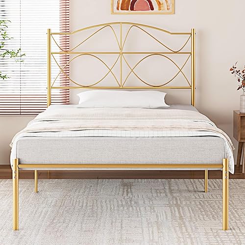 Miniatura 12 de VECELO Base de cama de plataforma metálica de tamaño matrimonial con cabecera y estribo, base de colchón de soporte de listones resistentes, no