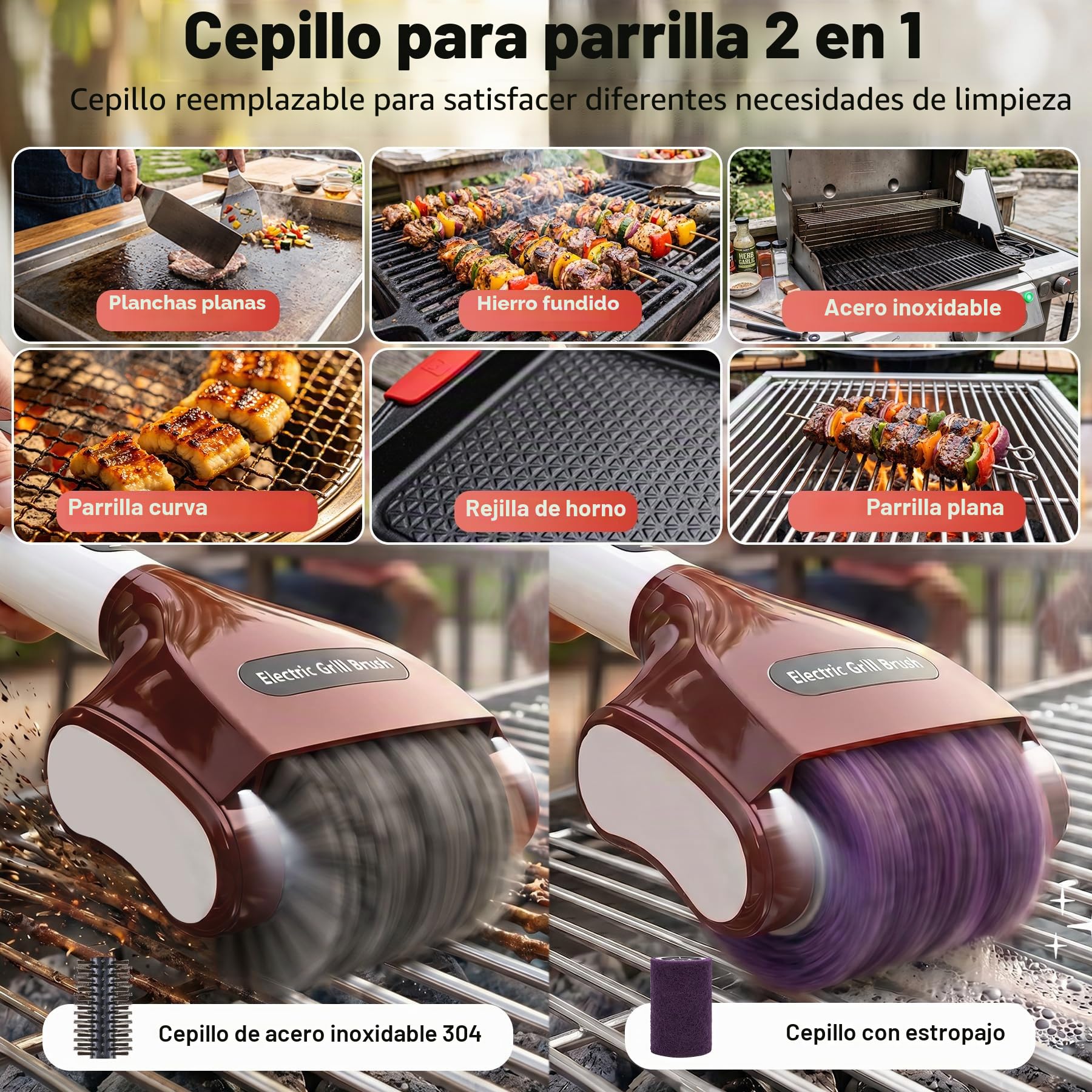 Cepillo Electrico Barbacoa Inalámbrico,2 Velocidades Cepillo Eléctrico para Parrilla con Pantalla LED Cepillo Repuesto Acero Inoxidable,Recargable Limpiador de Parrilla Electrico con Luz para Parrilla