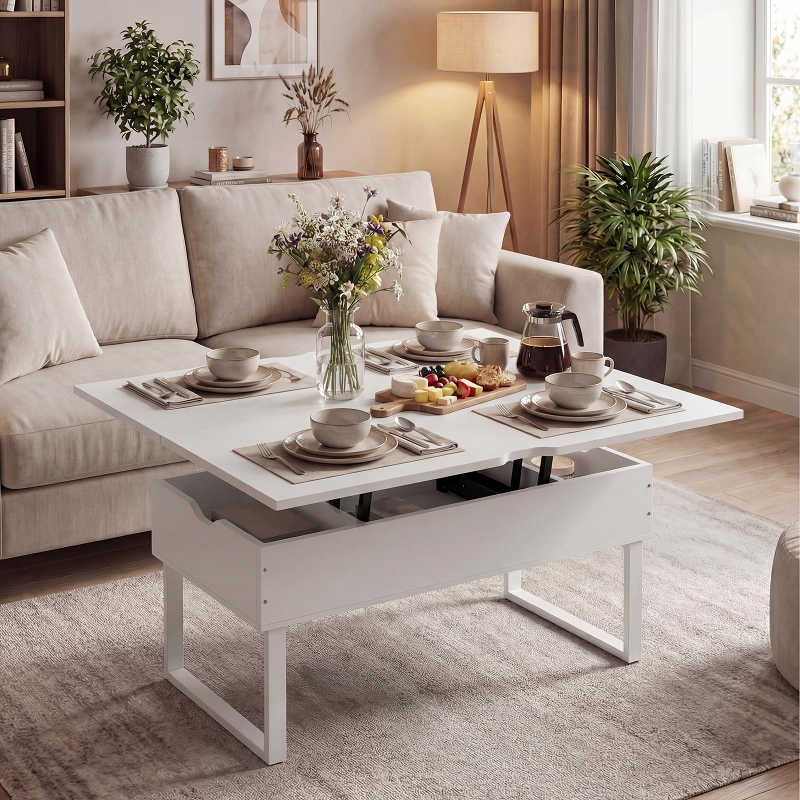 COSTWAY Mesa de Centro Elevable 3 en 1, Mesa Central Convertible con 3 Compartimentos Ocultos, Mueble de Comedor, Mesas de Cóctel de Madera para Salon, Oficina, 100 x 50 cm (Blanco)