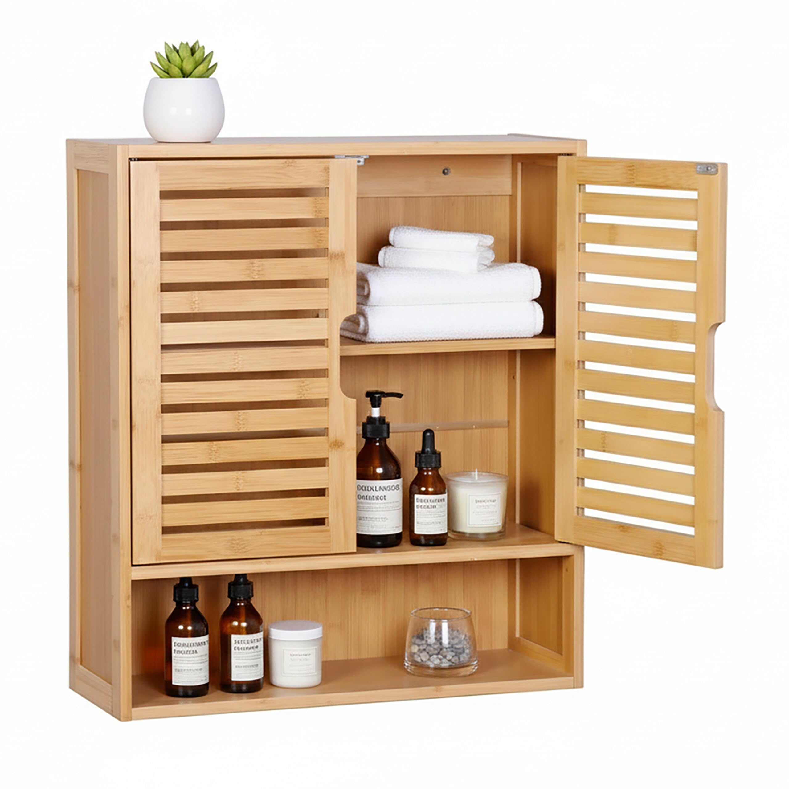 Relaxdays Armoire Murale Salle de Bain, 3 Compartiments, H x L x P : 66 x 59 x 21 cm, Portes à lamelles.