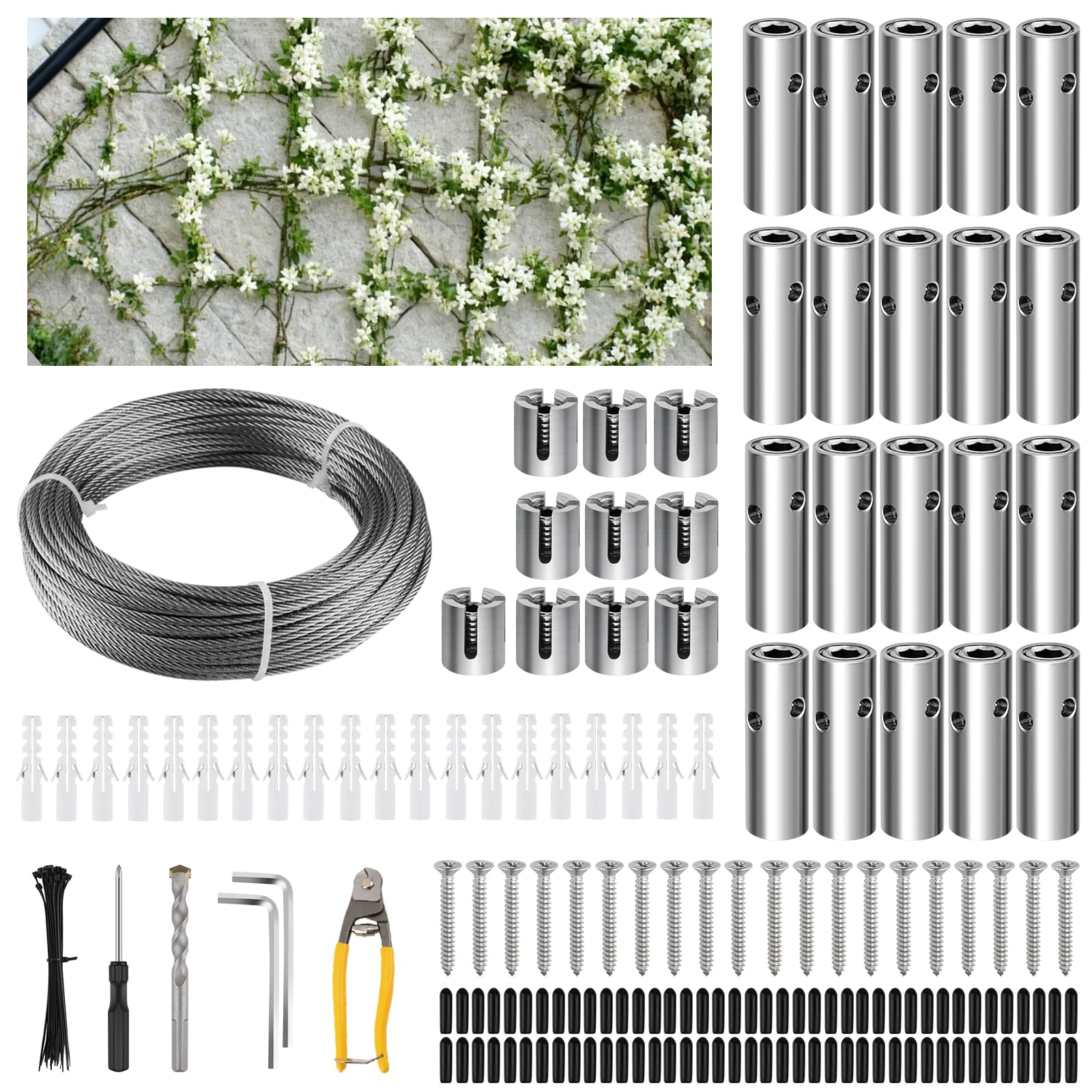 185PCS Garden Wire Trellis for Climbing Plants, TOROKOM 30M Stainless Steel Heavy Duty Wire Trellis Kit Wall Plant Climbing T316 Steel Wire Rope Cross Clamp Cable Trellis System Kit for Flower Vines