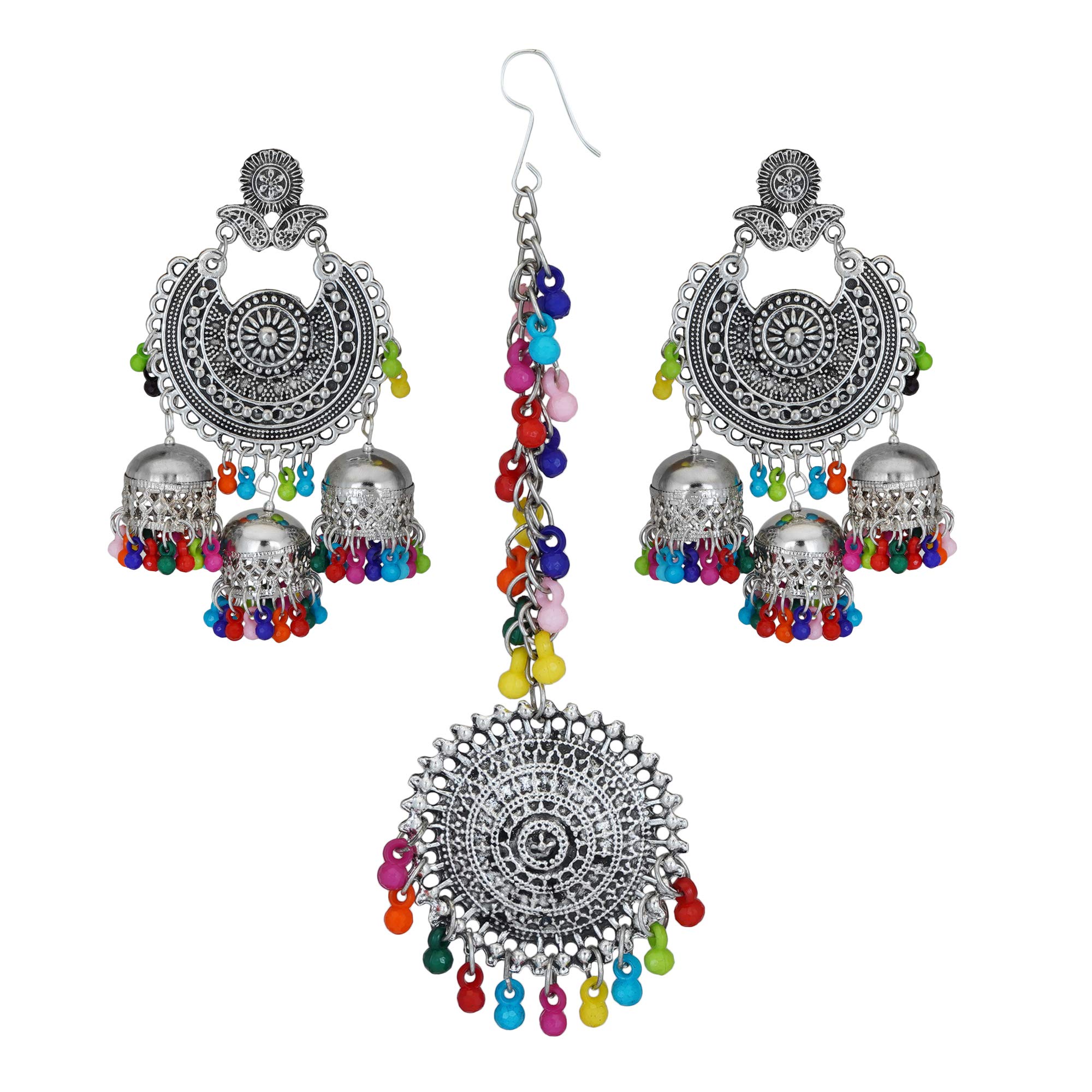 JwellmartIndian Ethnic Partywear Traditional Oxidized SIlver Beaded Navratri Jhumka Jhumki Earrings with Maang Tikka Combo for Women