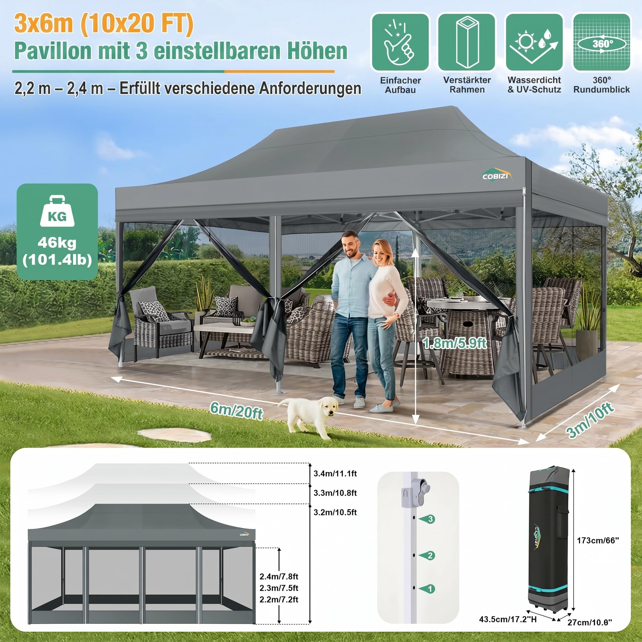 COBIZI Faltpavillon 3x6 m mit Moskitonetz, wasserdicht, stabil
