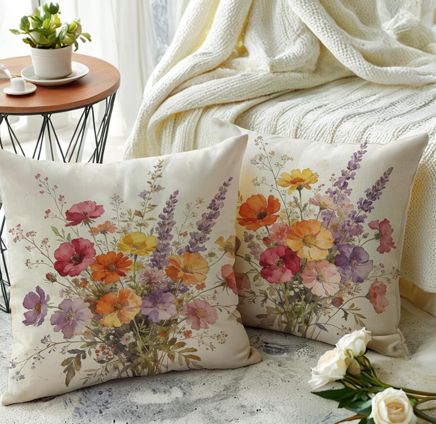 Watercolor Flower Pillow Covers 18x18 Inch,Set of 4 Vintage Wildflower Floral Bouquet Cushion Cover Spring Farmhouse Home Decor Flower Pillowcases for Sofa Patio Bed (Pink/Purple) - Image 4