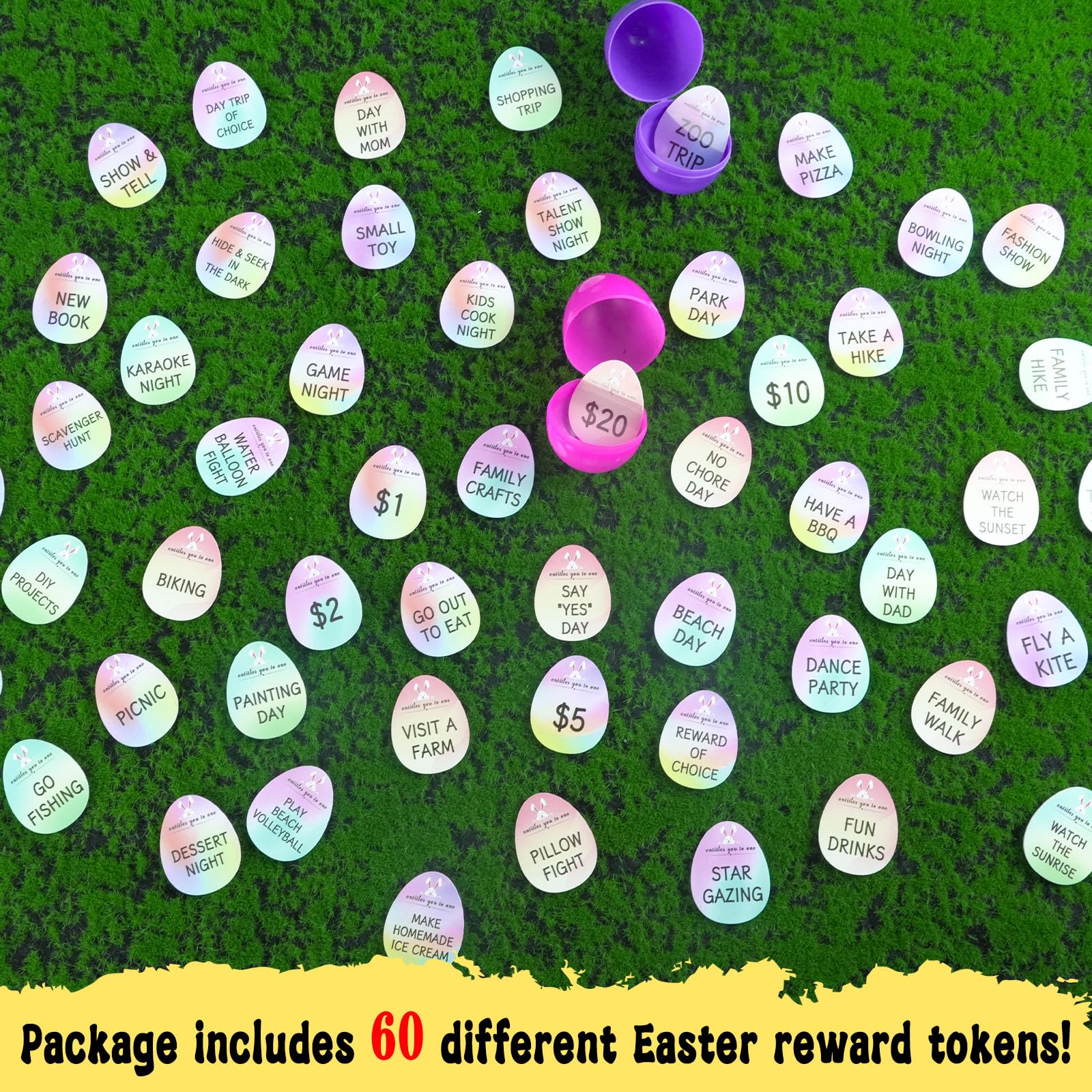 Easter Egg Fillers - 60pcs Easter Egg Tokens, Easter Eggs Filled Basket Stuffers Essentials Prefilled Party Favors Supplies, Family Games Hunt Prize Bulk Activity Gifts for Boys Girls Teens Exchanges