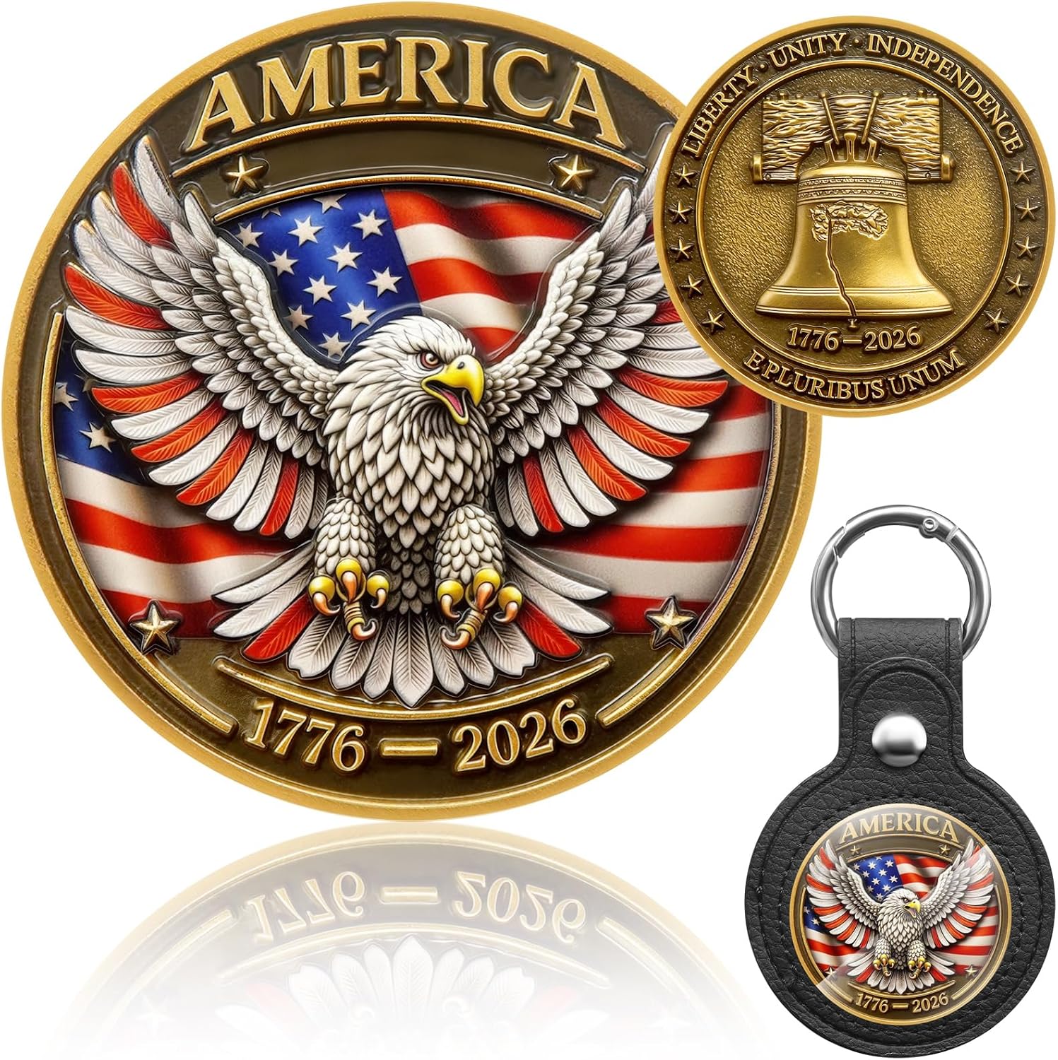 Anniversary Military Challenge Coin 1776–2026, 3D Anniversary Keychain Medal with Leather Coin Holder