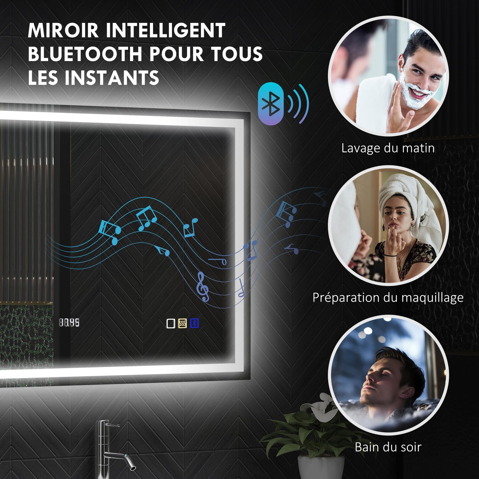 HOMCOM Miroir Salle de Bain Bluetooth avec éclairage LED 80 x 100 cm, Miroir Lumineux Salle de Bain Mural avec Interrupteur Tactile, lumière réglable 3 Couleurs, Anti-buée, mémoire - Argent
