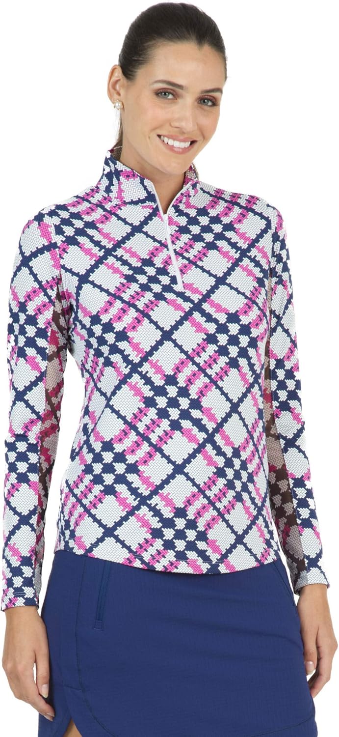 IBKUL Athleisure Wear Sun Protective UPF 50+ Icefil Cooling Tech Sonika Print Long Sleeve Mock Neck Top – 10653 Blue/Navy Sonika XL - Image 6