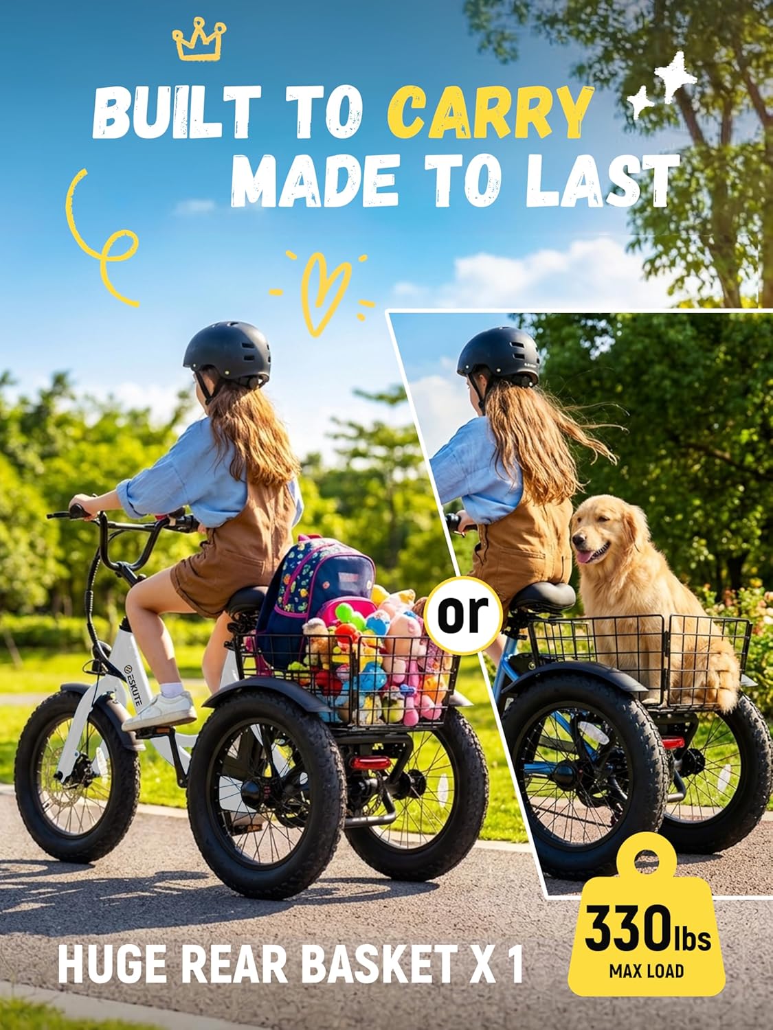 ESKUTE Mini E-Trike Electric Bike, 16X3.0 Fat Tire Folding Trike, 302.4Wh Battery, Peak 500W Motor, Step-Thru 3 Wheel Electric Bicycle, 12.5MPH Safe Speed, Tricycle for Begginer, Age 6+, White