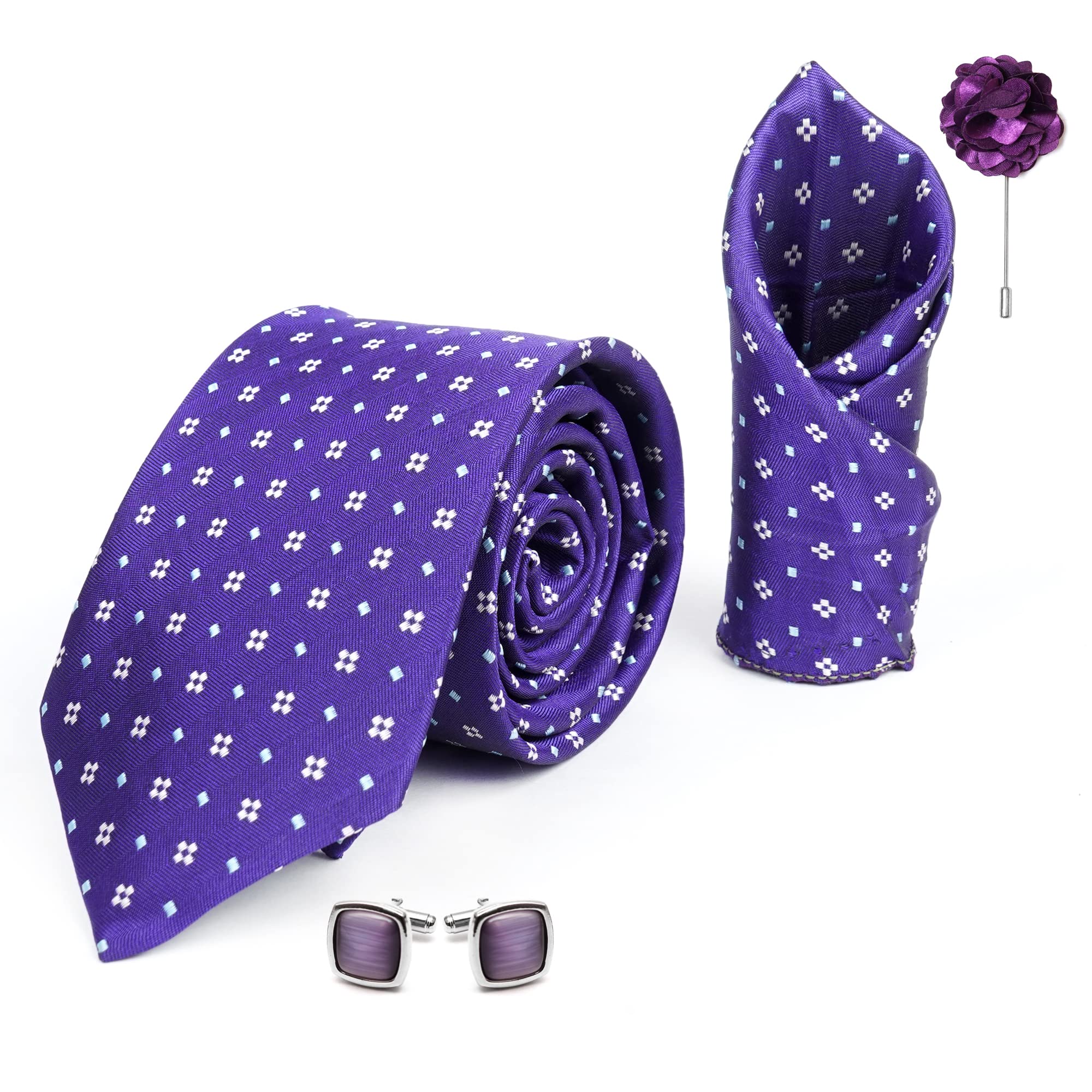 rizoro Mens Plaid Dotted Silk Necktie Gift Set With Pocket Square Cufflinks & Brooch Pin Formal Tie With Leatherite Box (Puple 4D1PLRX Free Size)-picture-29