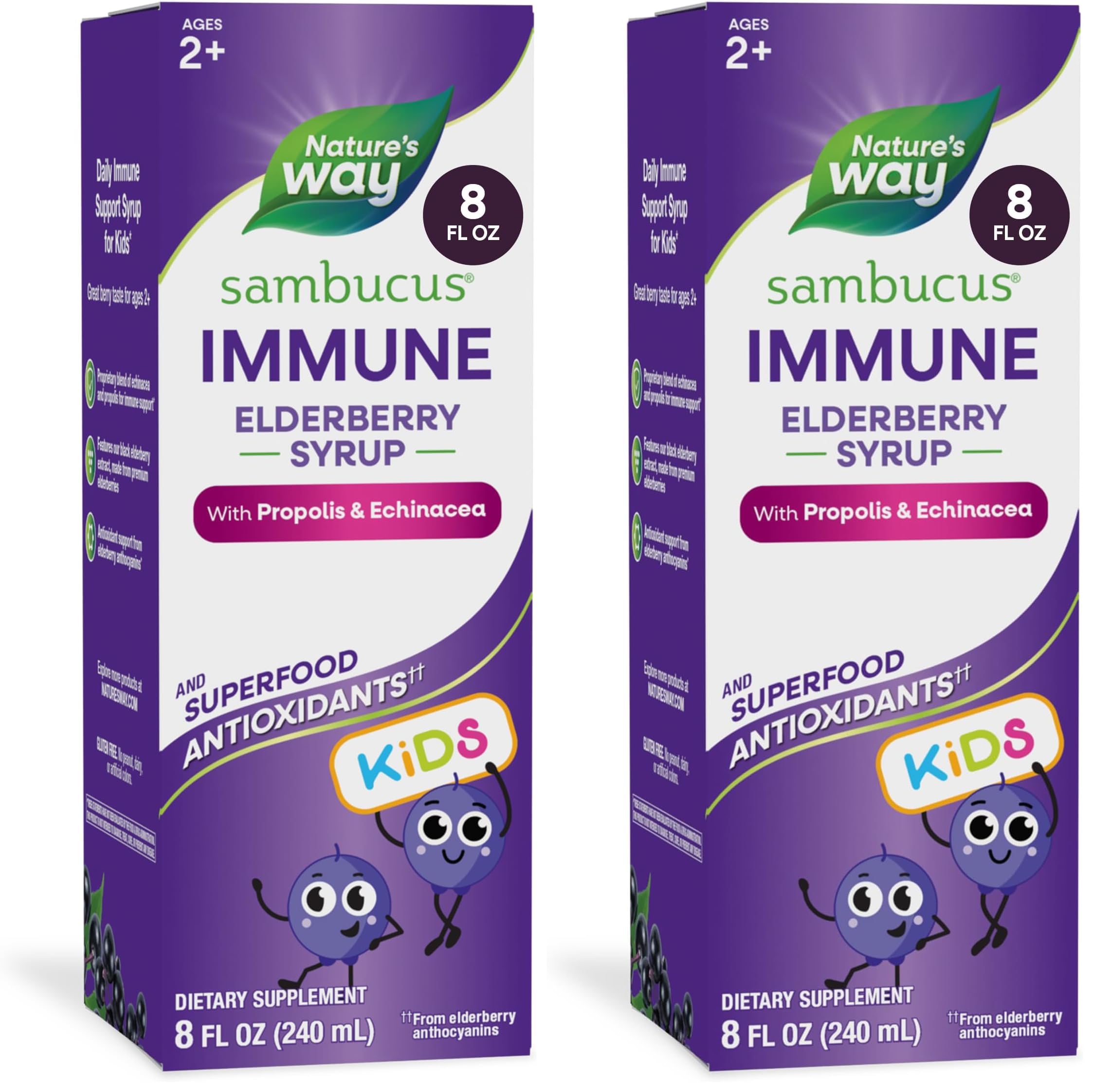 Nature's Way Sambucus Elderberry Immune Syrup for Kids Ages 2+,Echinacea & Propolis,with Superfood Antioxidants(1),Immune Support Syrup*,Vegetarian,Berry Flavored,8 Fl Oz,(Pack of 2) 8 Fl Oz (Pack of 2)