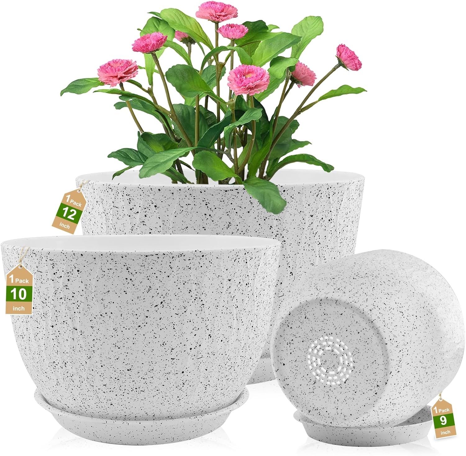 12/10/9 inch Plant Pots, 3 Pack Flower Pots for Outdoor Indoor Garden Plants, Large Planters with Multi Mesh Drainage Holes and Saucer (Speckled White, 12"+10"+9")