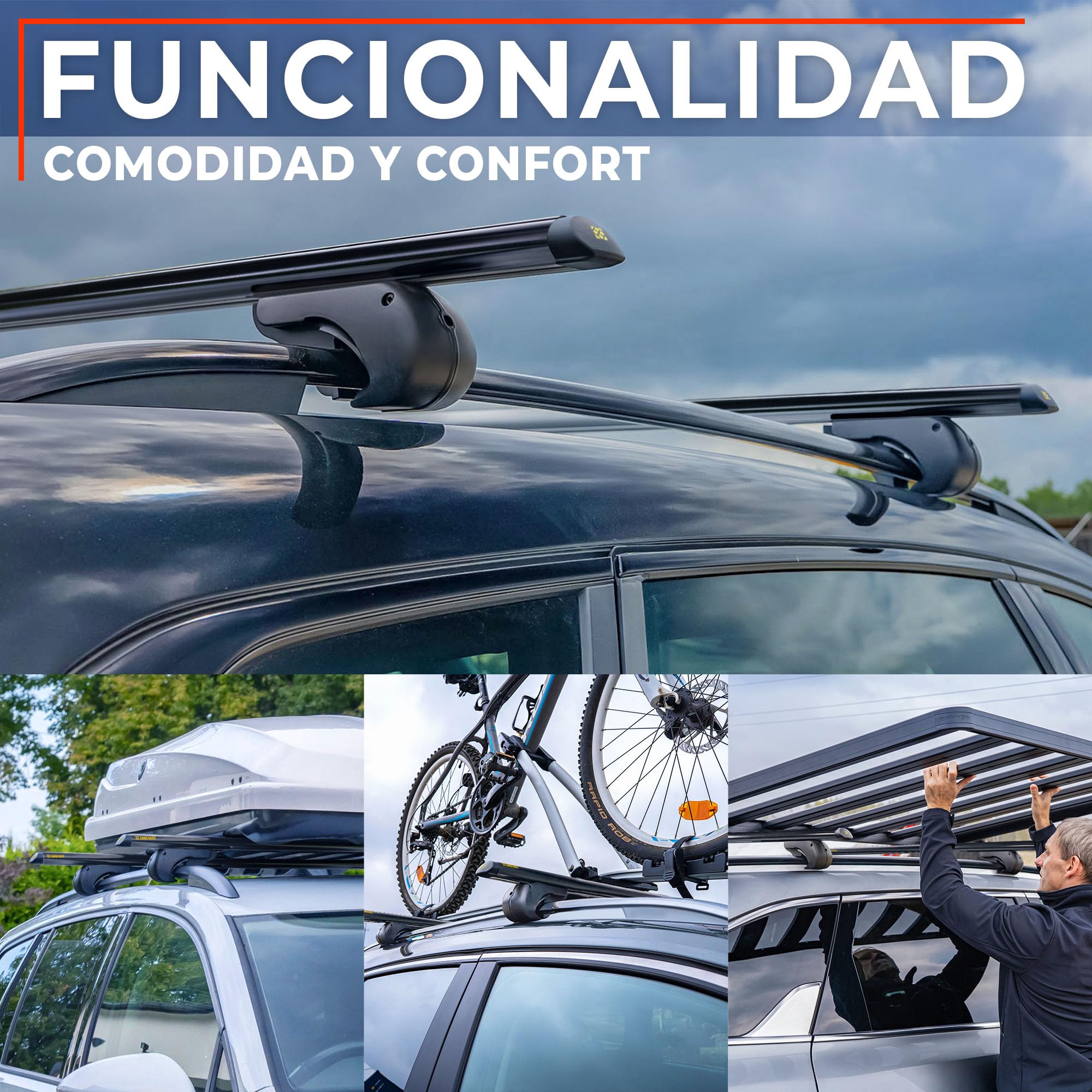 Chaos Racks | Baca Coche Universal para Raíles Abiertos; Barras de Techo; Transporta de Forma Segura Cofre de Techo, Portabicicletas y Escalera; Construcción de Aluminio Ligera y Resistente; 120 cm