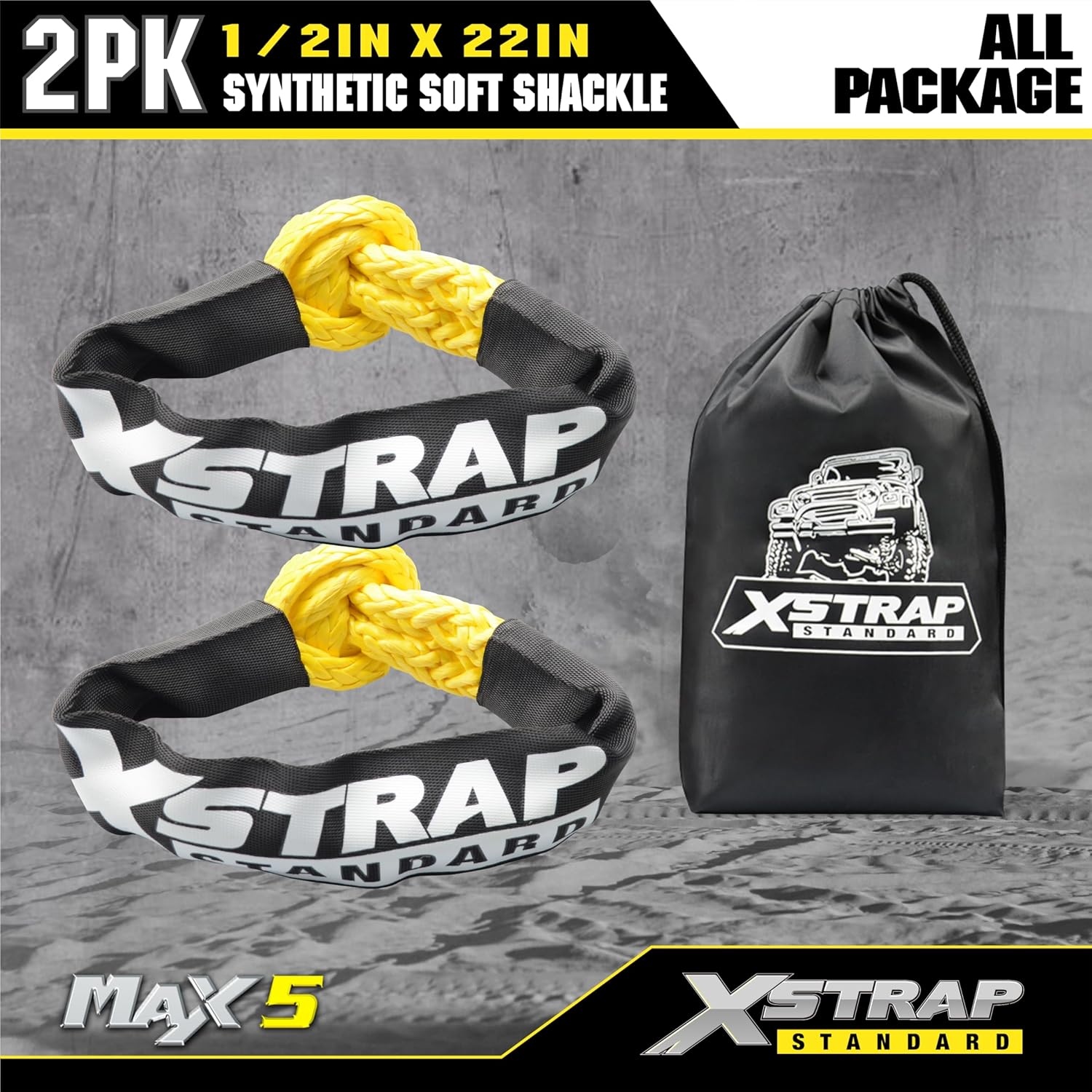XSTRAP STANDARD Upgrated Synthetic Soft Shackle 1/2 Inch x 22 Inch (57,000lbs Breaking Strength) with Extra Sleeves and Storage Bag for Sailing SUV ATV Truck Jeep Recovery Trailer, 2-Pack