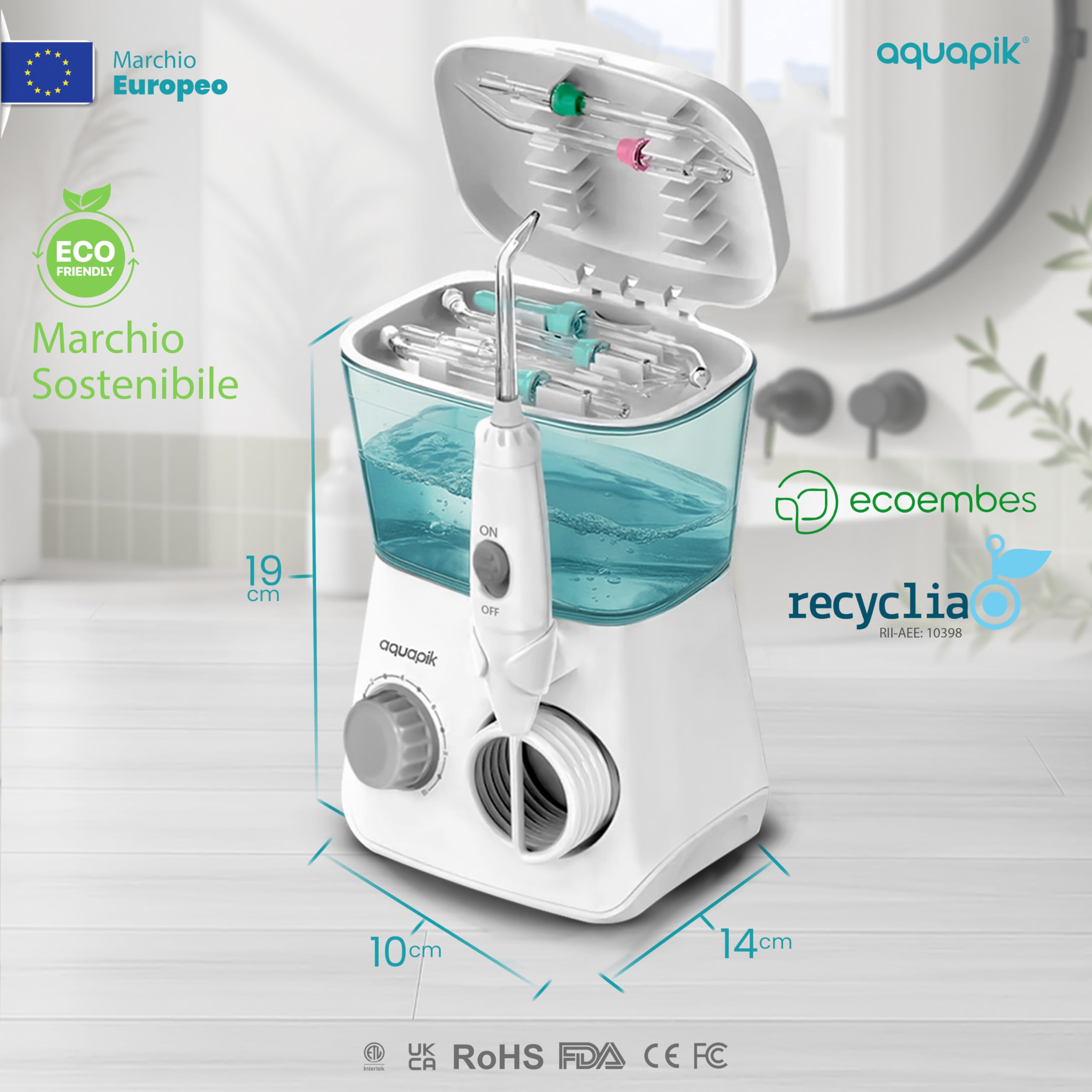 Aquapik® Hydropulseur Advanced Irrigateur buccal Idéal pour l'orthodontie, les implants et les gencives sensibles Kit blanchissant + 10 buses | 10 niveaux de pression