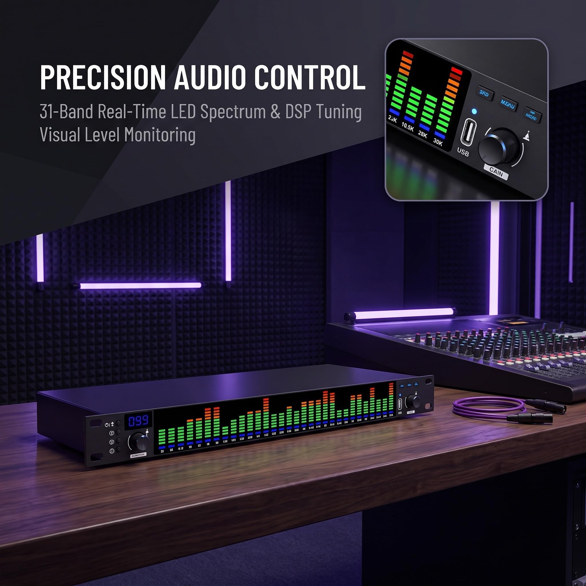 Ecualizador Gráfico Digital De 31 Bandas, Procesador De Audio, Montaje En Rack De 1u, con Bluetooth Y Entrada USB, Pantalla Led De Espectro, Reducción De Ruido Inteligente