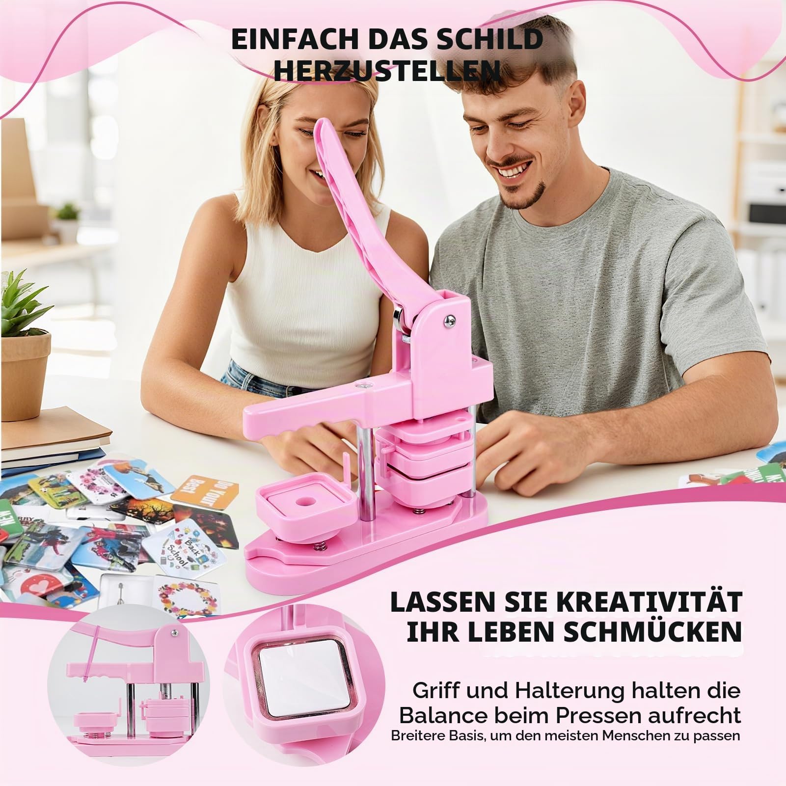 Button-Maschine, 50 mm, quadratisch, DIY-Kühlschrank, Abzeichen-Press-Set mit 100 Knopfteilen für Geschenke, Pin-Hersteller, Rosa