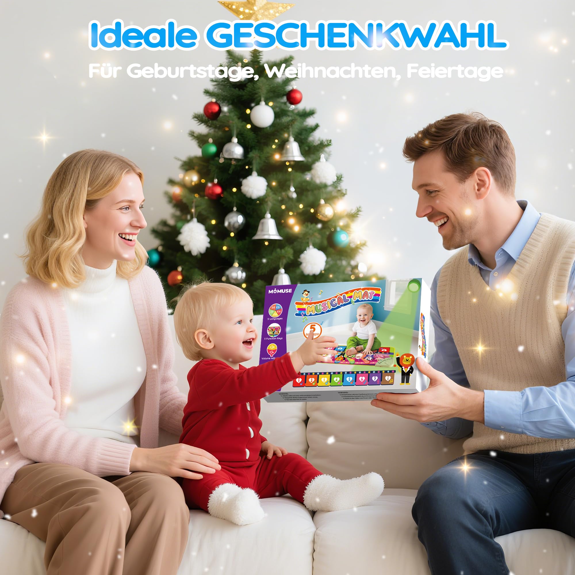 MOMUSE 5-Sprachen Musikmatte (DE/FR/IT/ES/EN), Baby Spielzeug ab 1 Jahr, Multilinguale Klaviermatte mit 9 Tieren, Tragbar, Leicht, Weihnachts-/Geburtstagsgeschenk für Kinder 1 2 3 4 Jahre