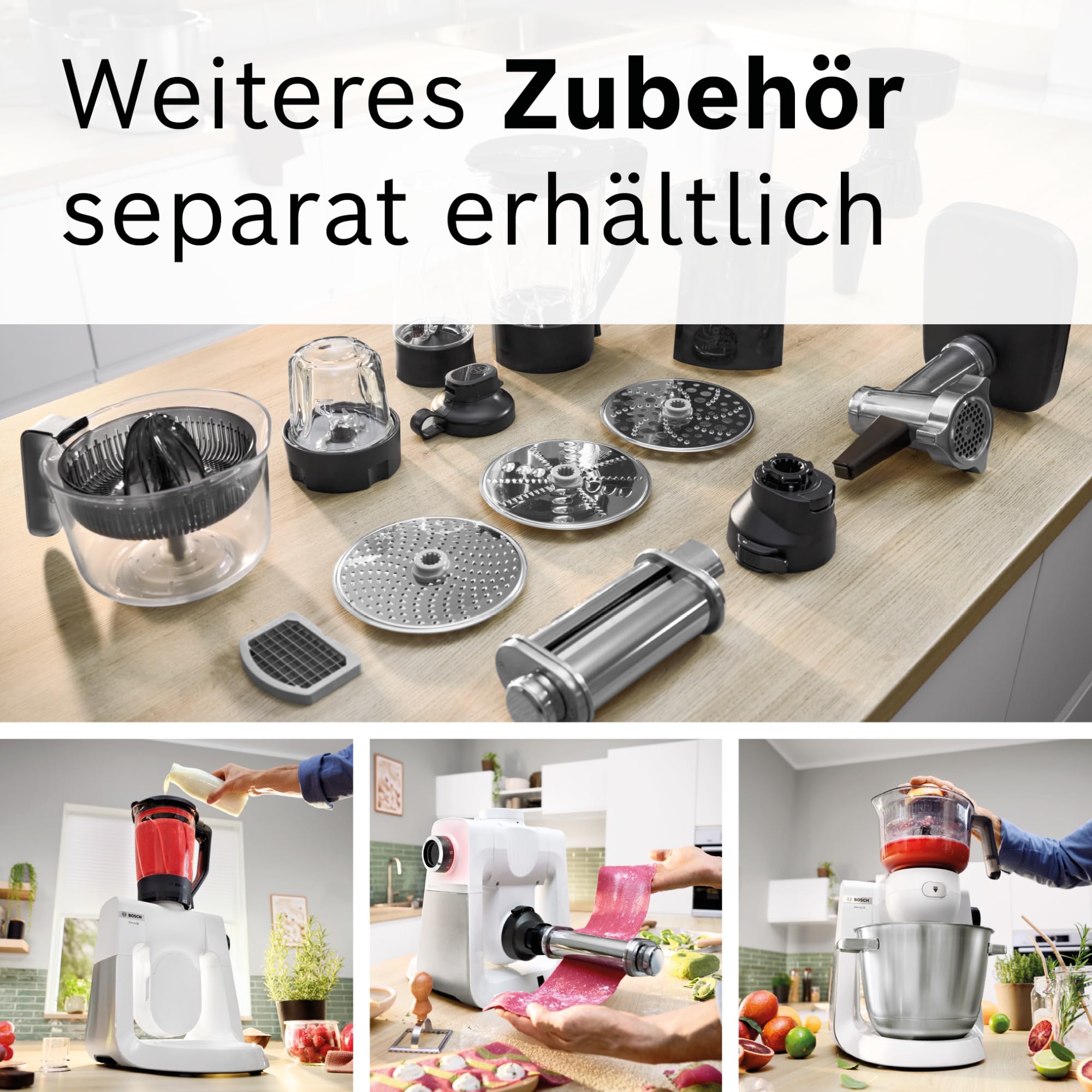 Bosch Küchenmaschine Serie 6, 7 Geschwindigkeitsstufen, 5,5l Schüssel, Durchlaufschnitzler, 3 Scheiben, Knethaken, Rührbesen, Silikonbesen, spülmaschinenfest, 1.600 W, silber/weiß, MUMS6EW13D