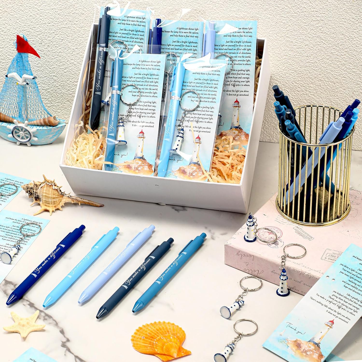 Sayglossy 50 Set Inspirational Gifts Lighthouse Gifts Pens Sets Motivational Lighthouse Ballpoint Pens Keychain Bookmark Office Gift for Teacher Team Employee Staff Nurse Appreciation