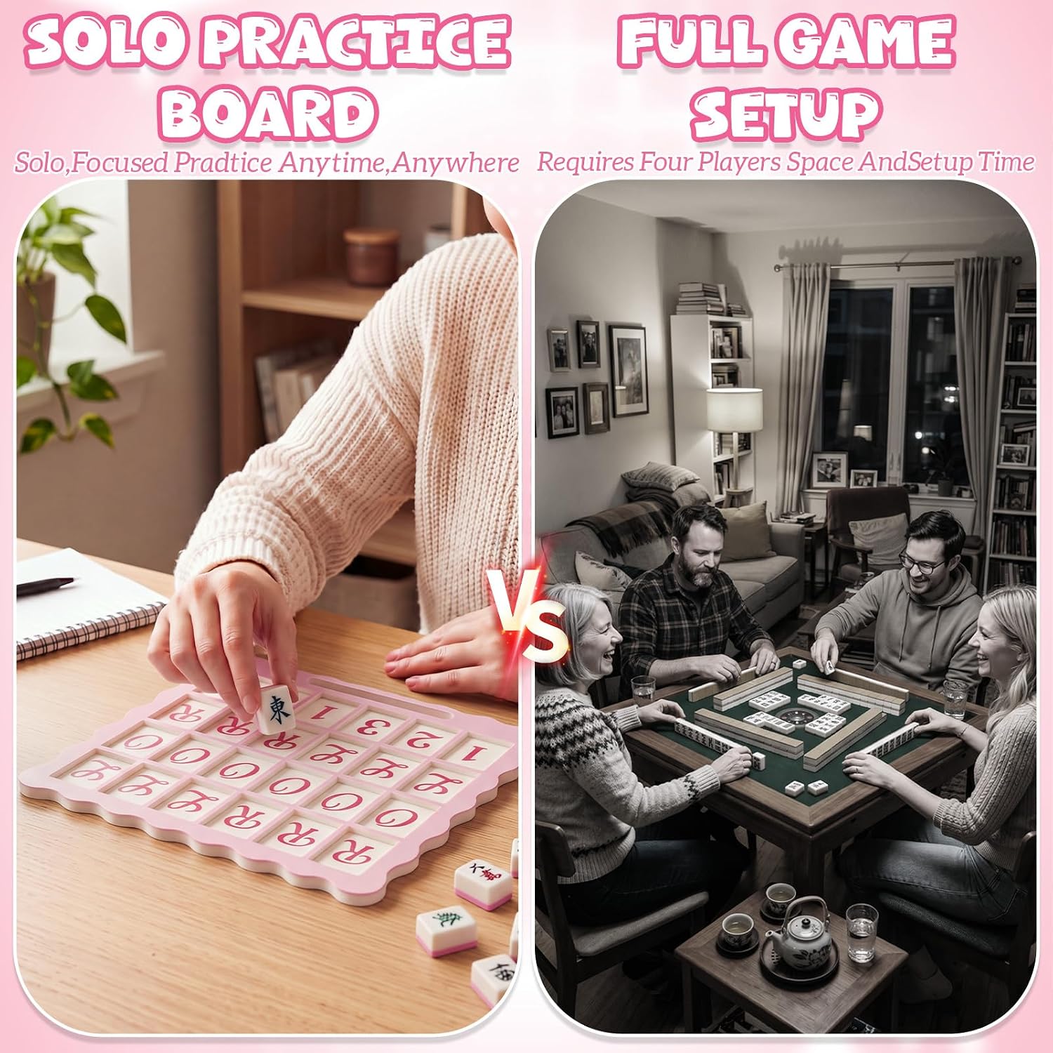 Mahjong Solo Practice Board Portable, Pink, Grooved Style image 4