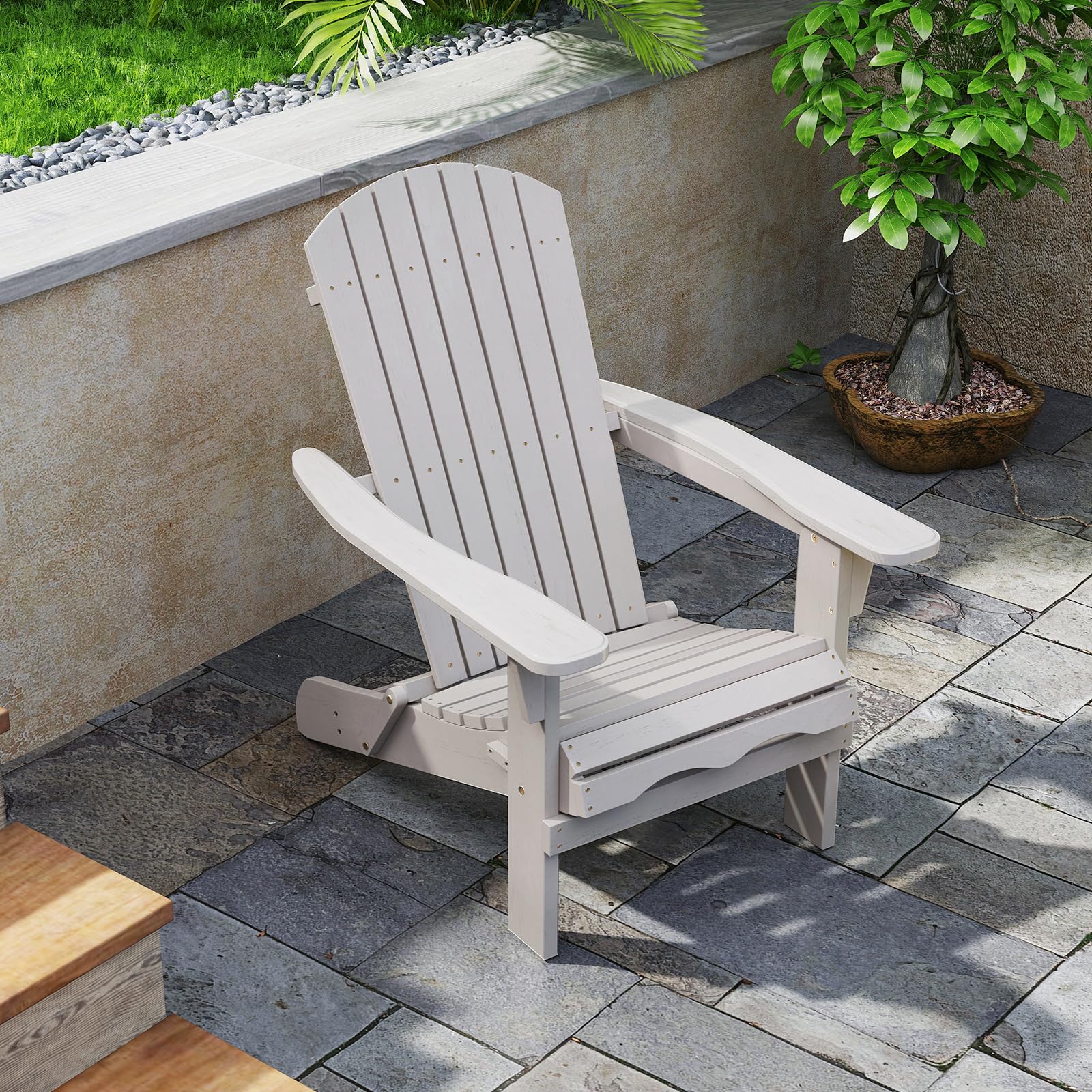 GOPLUS Chaises Adirondack, Chaise d'Extérieur Pliable avec Cadre Bois Massif, Dossier Incurvé et Accoudoirs Larges, Max.180 Kg, pour Terrasse, Jardin, Piscine (89 x 71 x 94 cm, Gris,1)