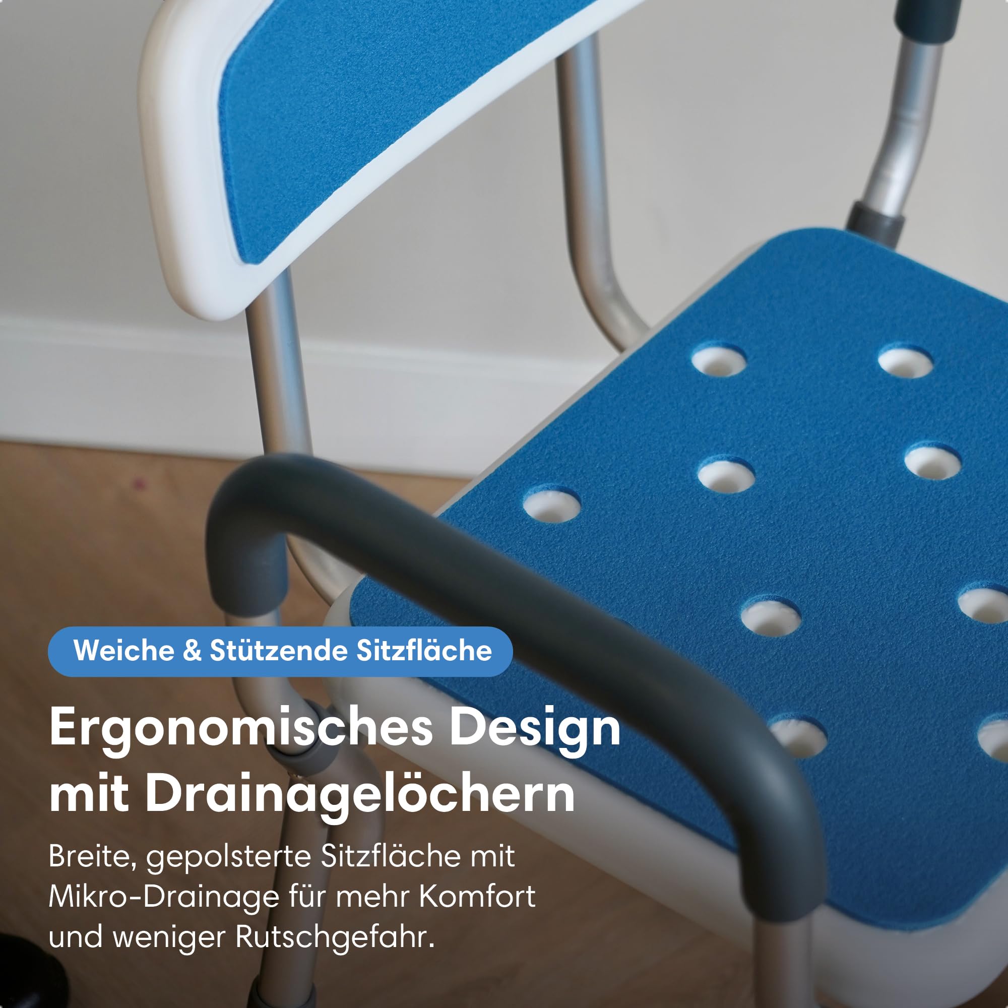 Safe Age® Duschstuhl mit Abnehmbarer Rückenlehne und Armlehne - rutschfest - höhenverstellbar - Duschstuhl für senioren