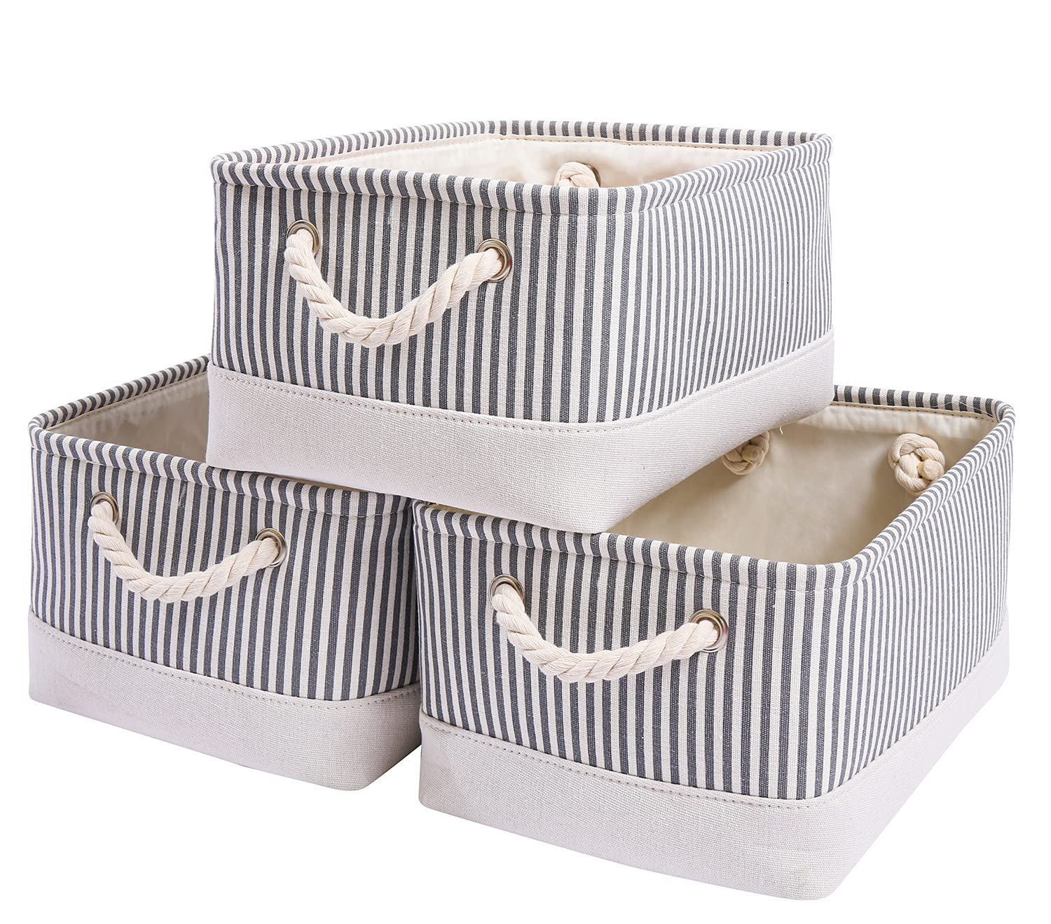 Mangata Canvas Storage Box, Open Storage Baskets 14.2" x 10.2" x 7.1", 3 Pack (Grey Stripe, Medium)