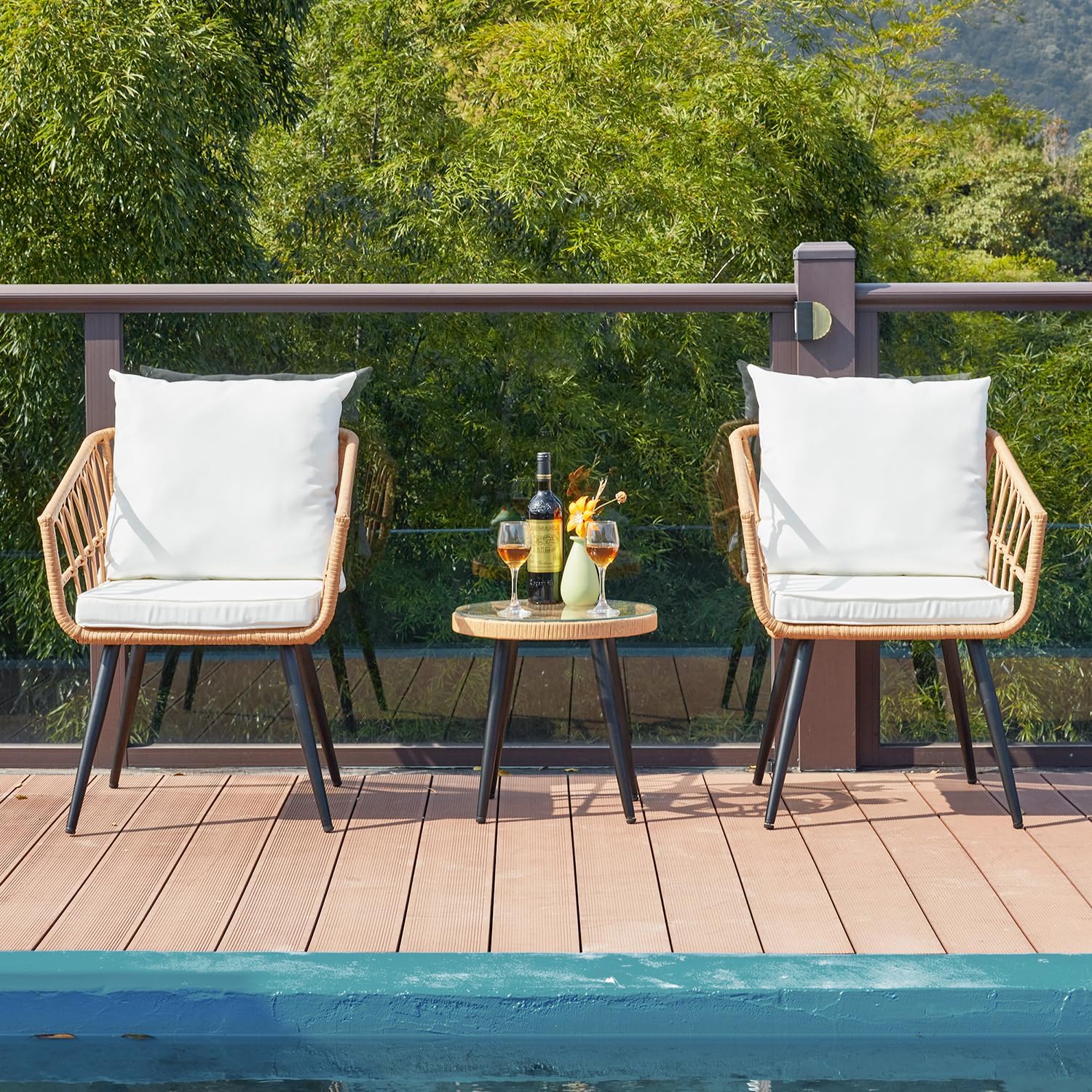 ECOTOUGE 6-Piece Wicker Patio Bistro Set, Outdoor Rattan Dining Set with Glass Top Table, Chairs, and Cushions, All-Weather Conversation Furniture Sets for Porch Backyard Lawn Poolside, Beige