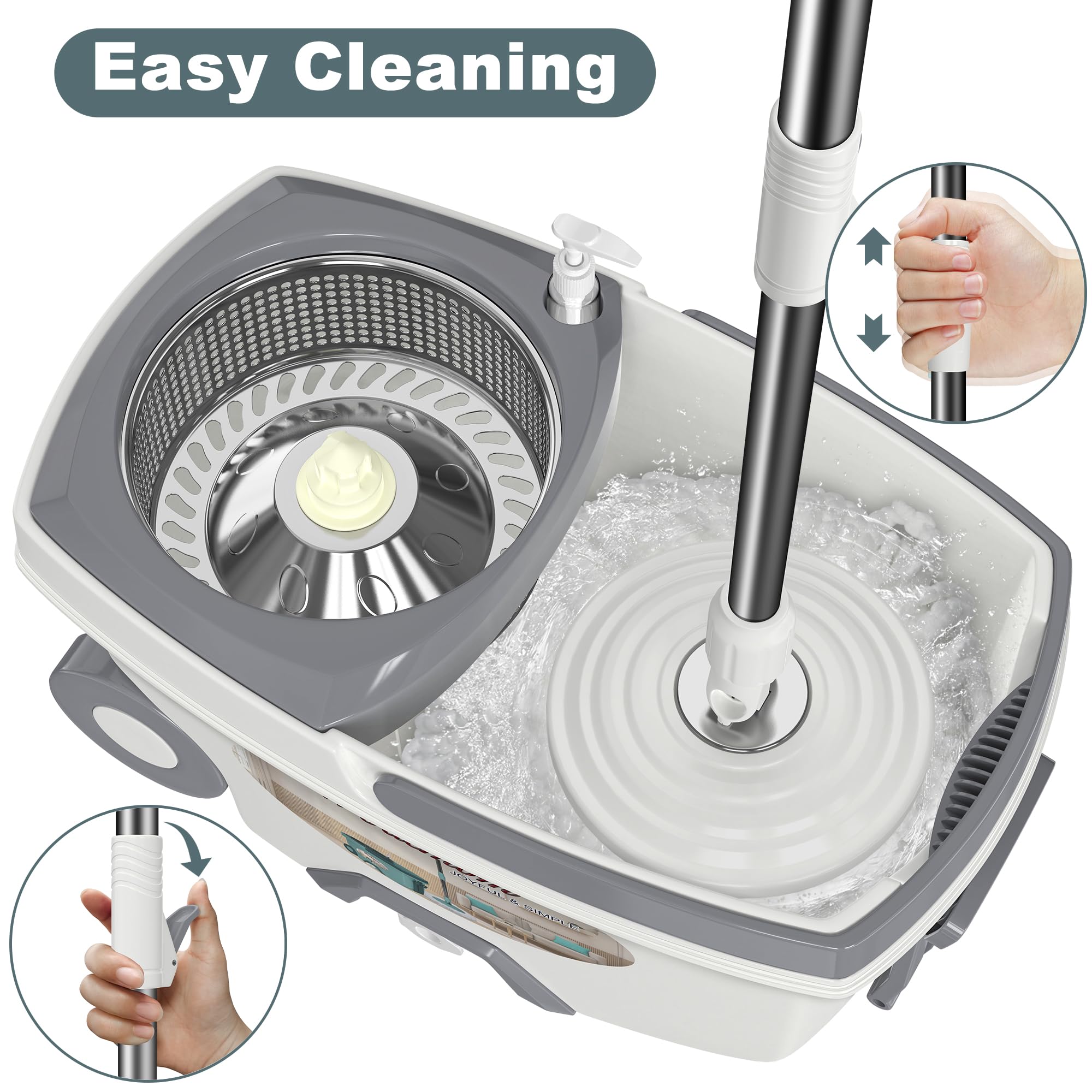Mopa y cubo con juego de escurridor, sistema de fregona giratoria y cubo, fregonas para limpieza de suelos, herramientas de suministros para el hogar con 6 recambios de repuesto, mango extendido de 61