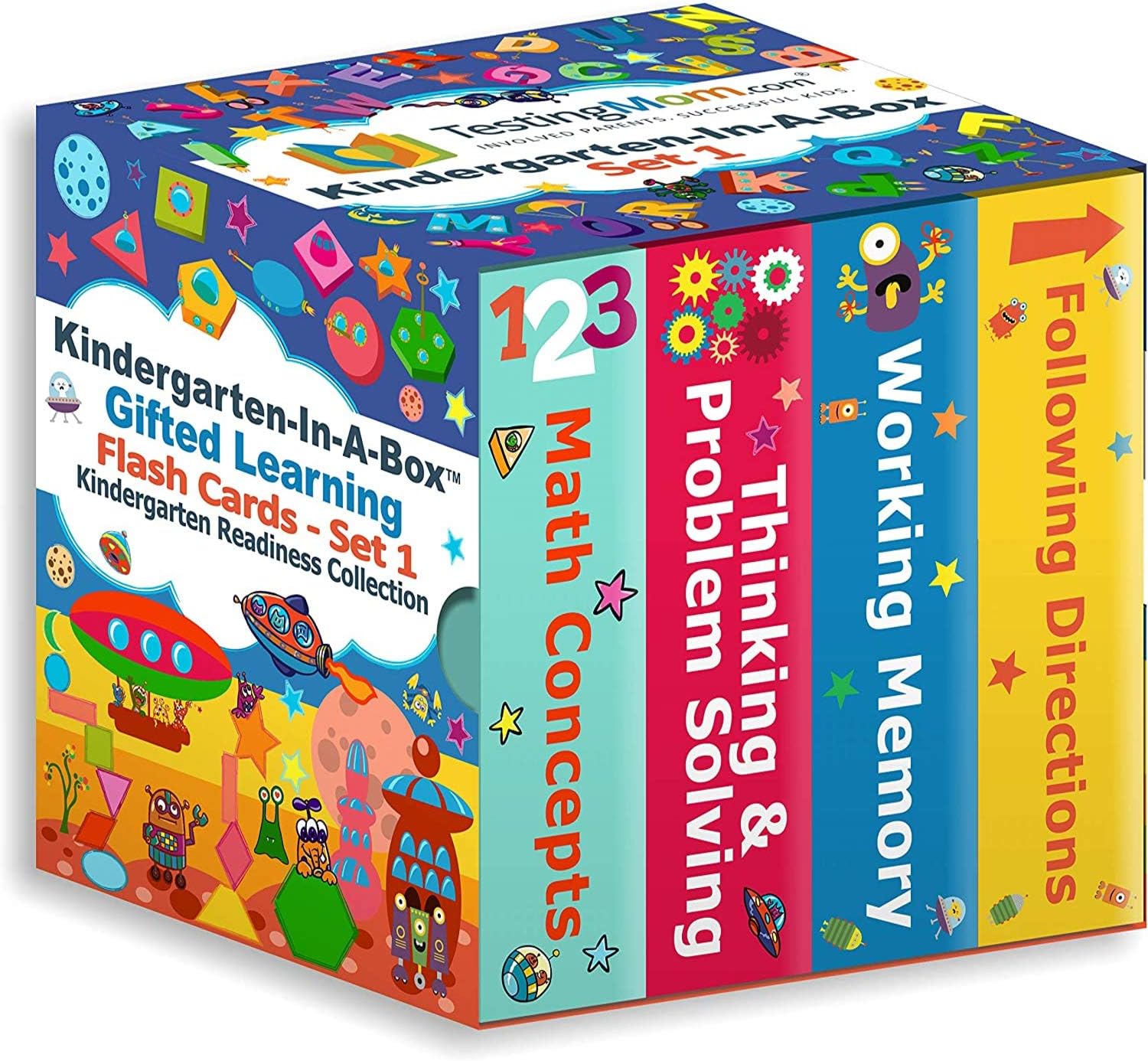 TestingMom.com Kindergarten Flash Card's -in-A-Box - Gifted Learning Flash Cards Box (Set 1) for Kids, Kindergarten Prep Toys for Problem Solving, Memory, Math - Test Prep for CogAT, WPPSI, NNAT