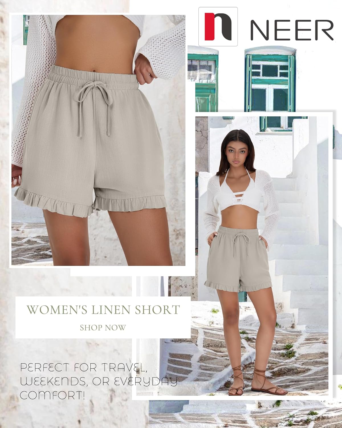 Neer Women's Linen Short, Ruffle Casual Summer Short Drawstring Elastic Waist Beach Lightweight Cute Outfit with Pockets - Image 6