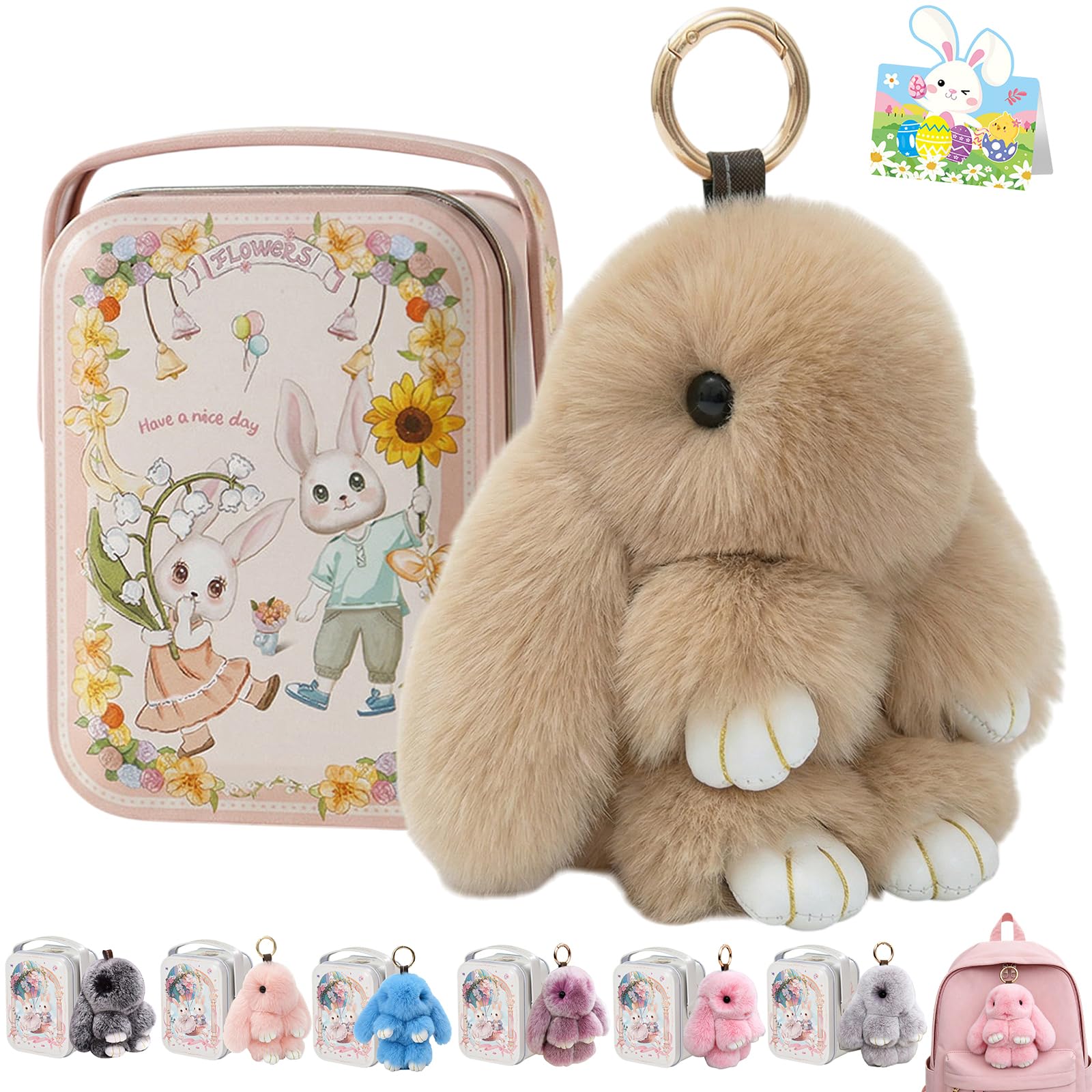 Bunny Lulu Keychain With Tin Box, Bunny Keychain Charm Bao Rabbit Pompom For Bags, Easter Girls Women Gift — view 6