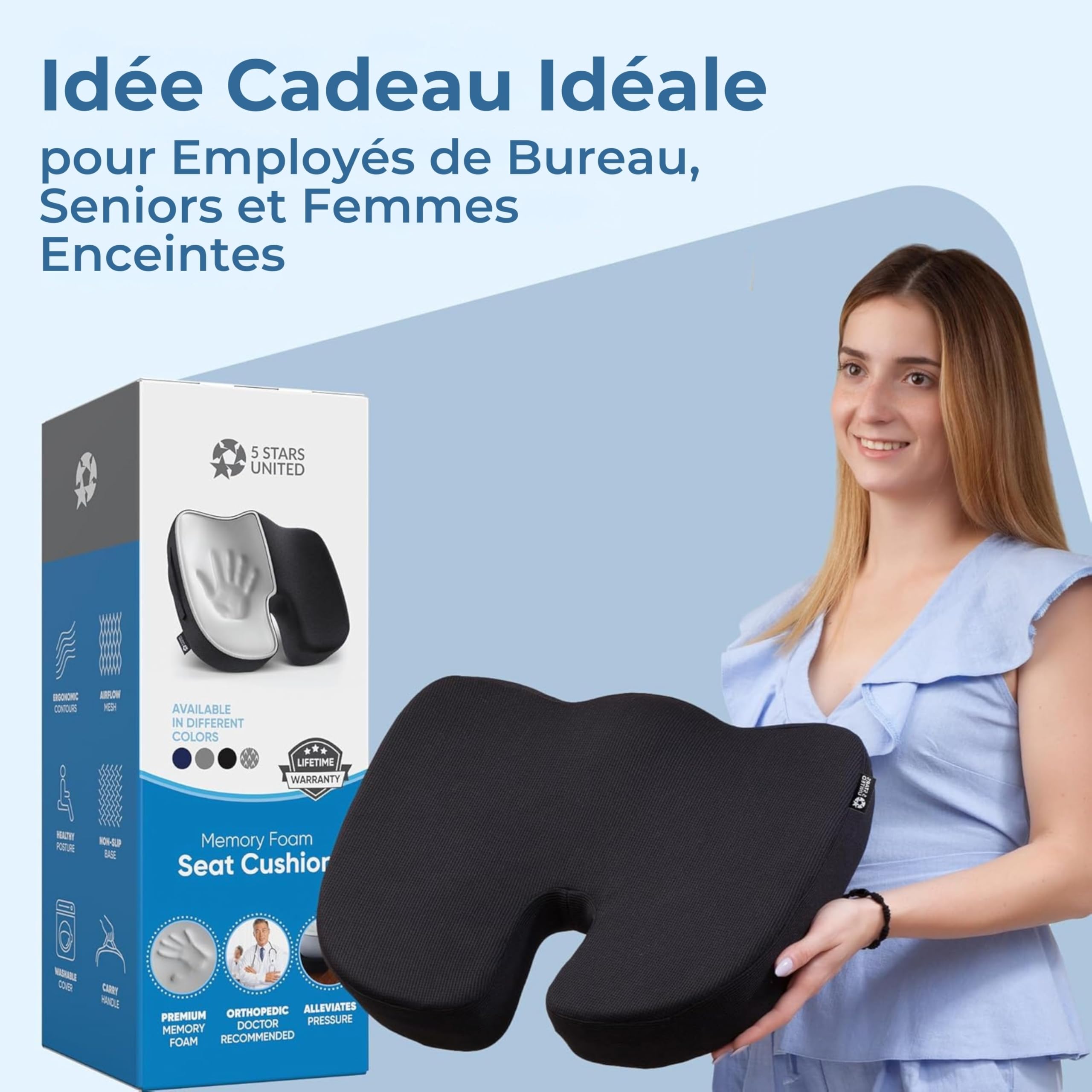 Coussin d’Assise en Mousse à Mémoire de Forme, Coccyx Ergonomique pour Chaise de Bureau, Soulagement Sciatique & Lombaires – Noir