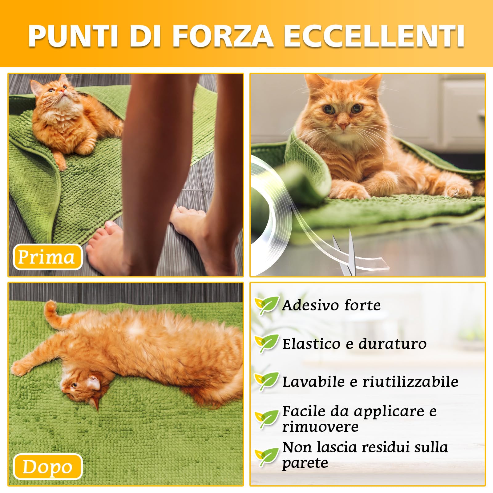 Nastro Biadesivo Extra Forte, Multifunzione Adesivo non Lascia Tracce Riutilizzabile e Lavabile, Per Foto Tappeti e Oggetti (3 metri x 3cm x 2mm)