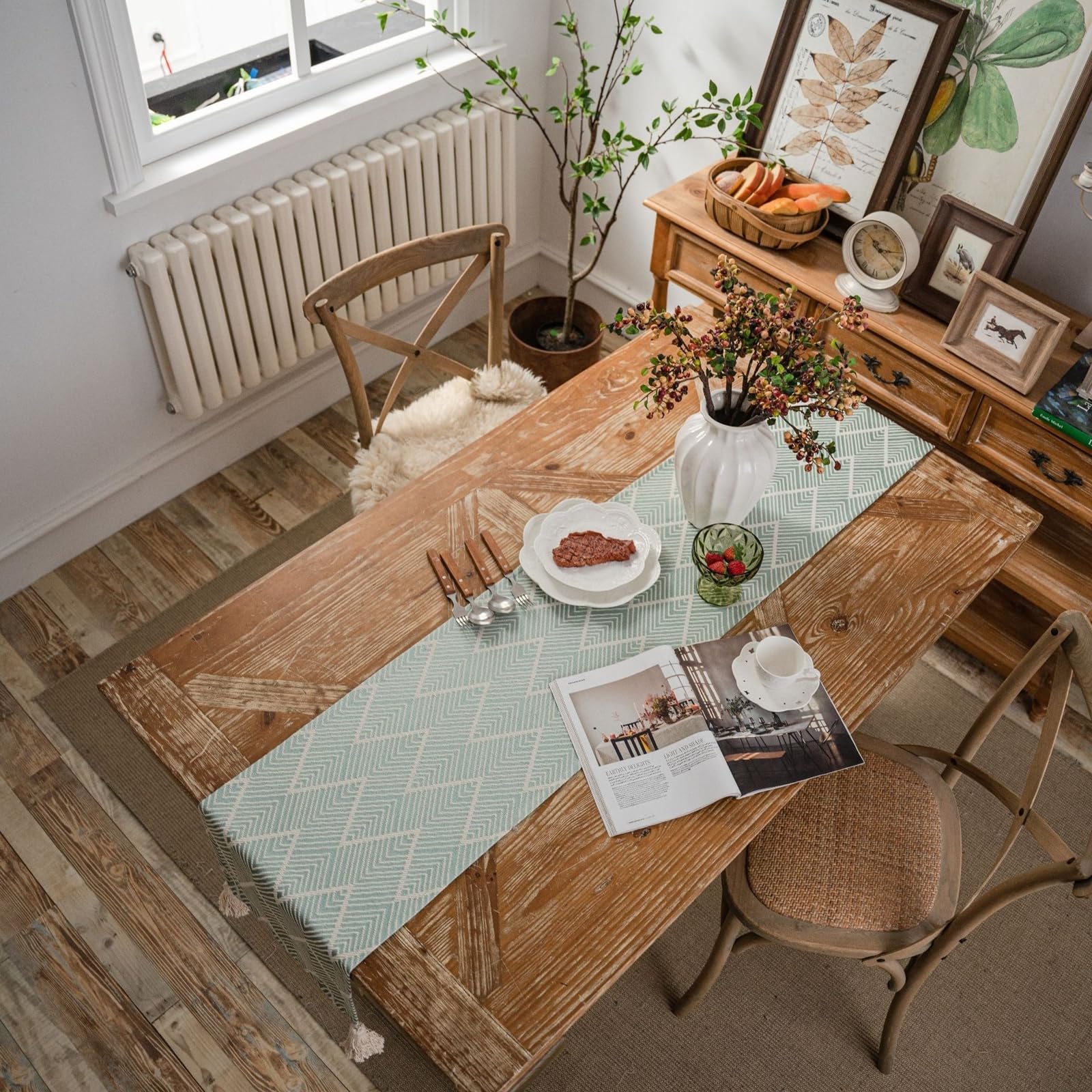 Tischläufer Polybaumwolle Landhausstil, Tischläufer Wohnzimmer Deko 33x275 cm, Wellenmuster mit Quasten