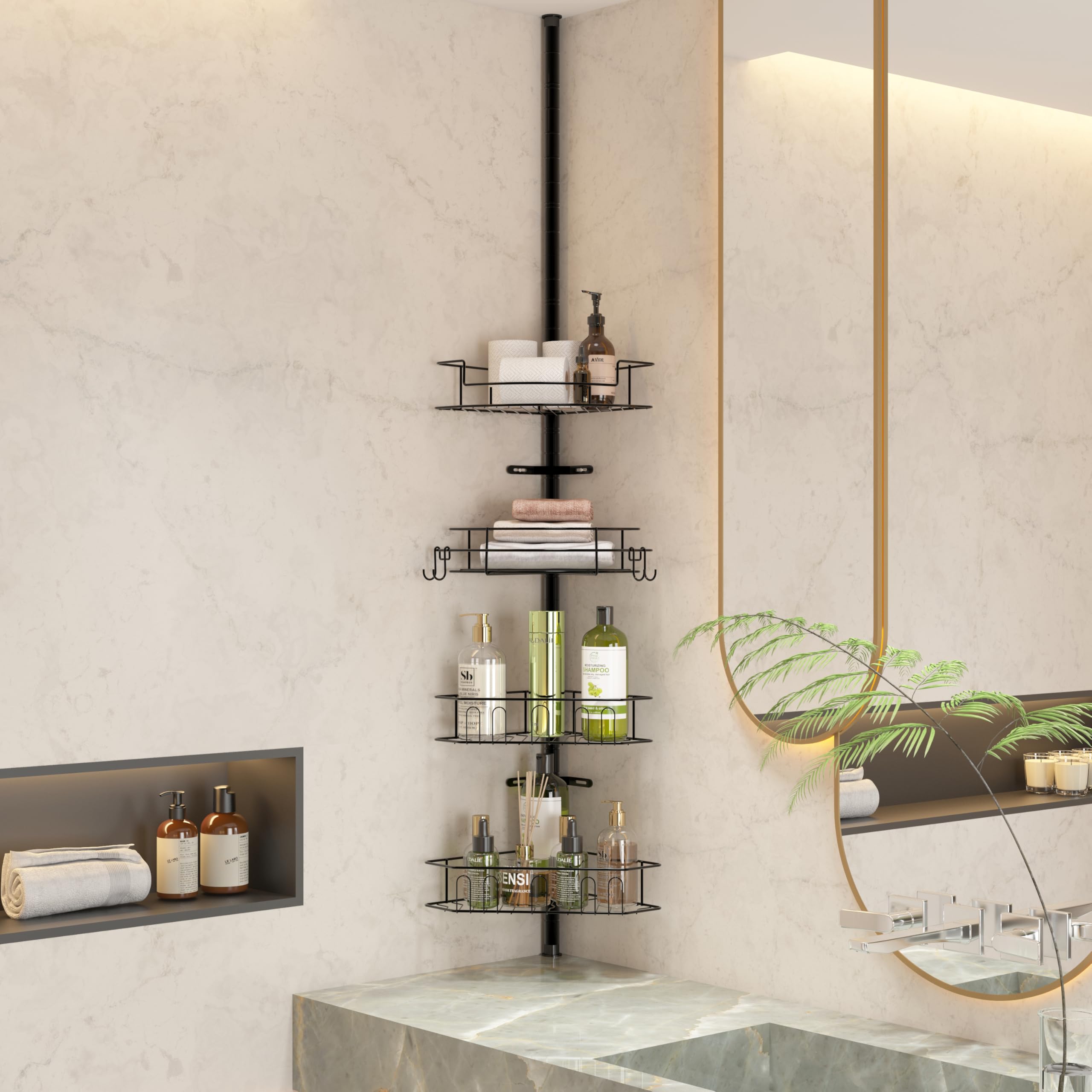AnoYishev Corner Shower Caddy with Tension Pole Adjustable Floor to Ceiling Shower Organizer with 4 Removable Baskets No