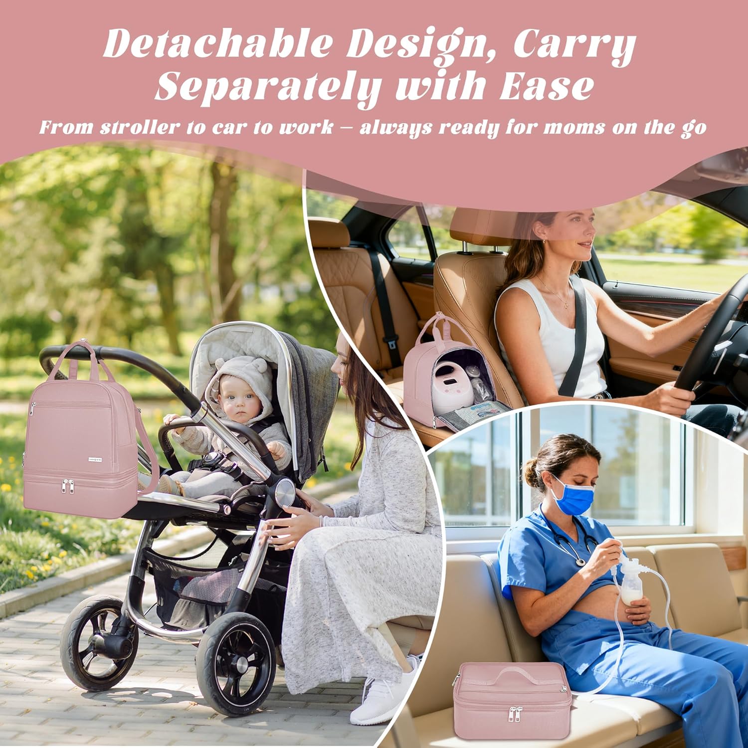 Breast Pump Bag with Insulated Cooler, Double-Layer Pumping Bag for Work & Travel, Fits Most Electric Breast Pumps, Includes 10 Ice Packs & Waterproof Mat, Detachable Bottle Cooler Tote, Pink - Image 8
