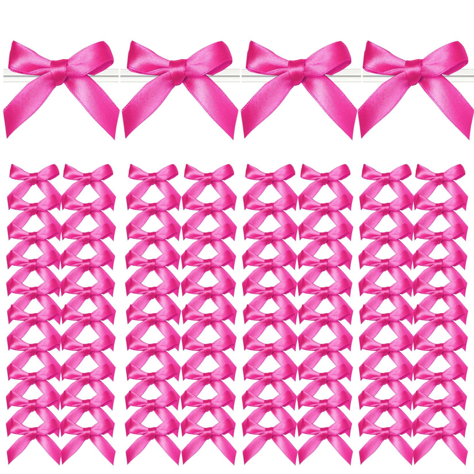 Twist Tie Bows, 100 Packs Satin Bows for Treat Bags Candy Bags Bakery Bags, Pre-Tied Ribbon Bows Gift Bows for Gift Wrapping Packaging, Wedding, Baptism, Tableware Decor Party Decoration (Hot Pink)