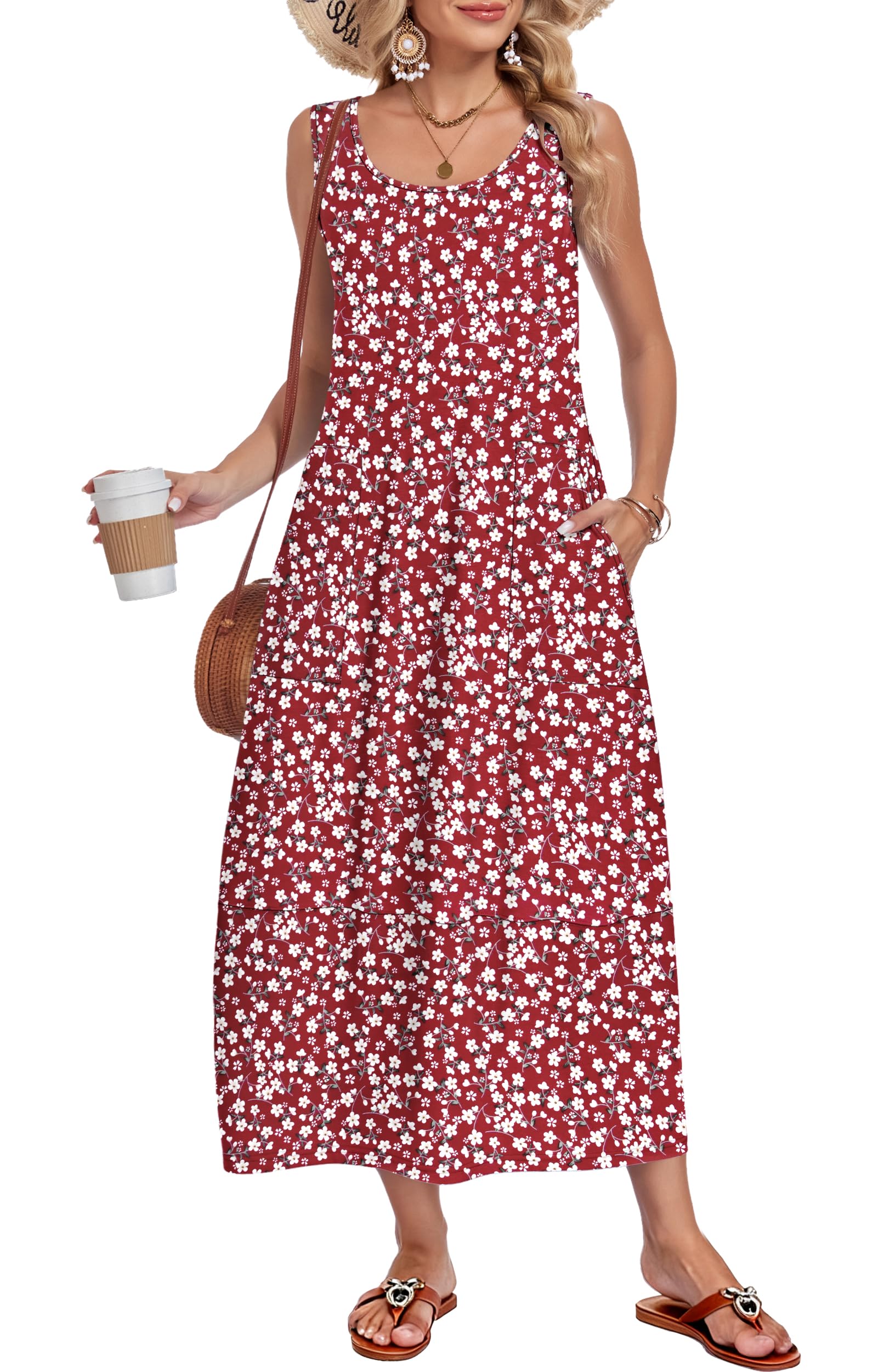 MOLERANI Robe Longue Femme sans Manches de Plage Robes Maxi à Col en U avec Poches Été Robe Hippie Boheme S-2XL