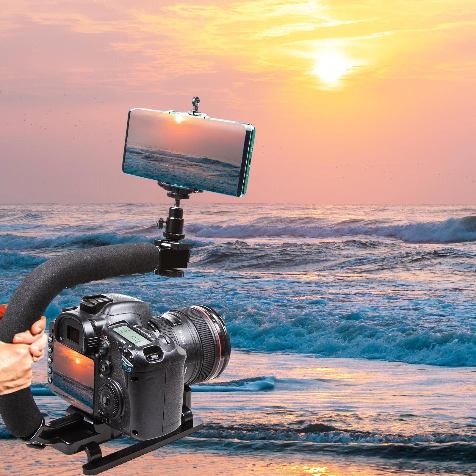 Stabilizzatore per smartphone per fotocamera, impugnatura stabilizzatrice per azione video, presa stabilizzatore portatile con supporto per clip per cellulare Hot Shoe