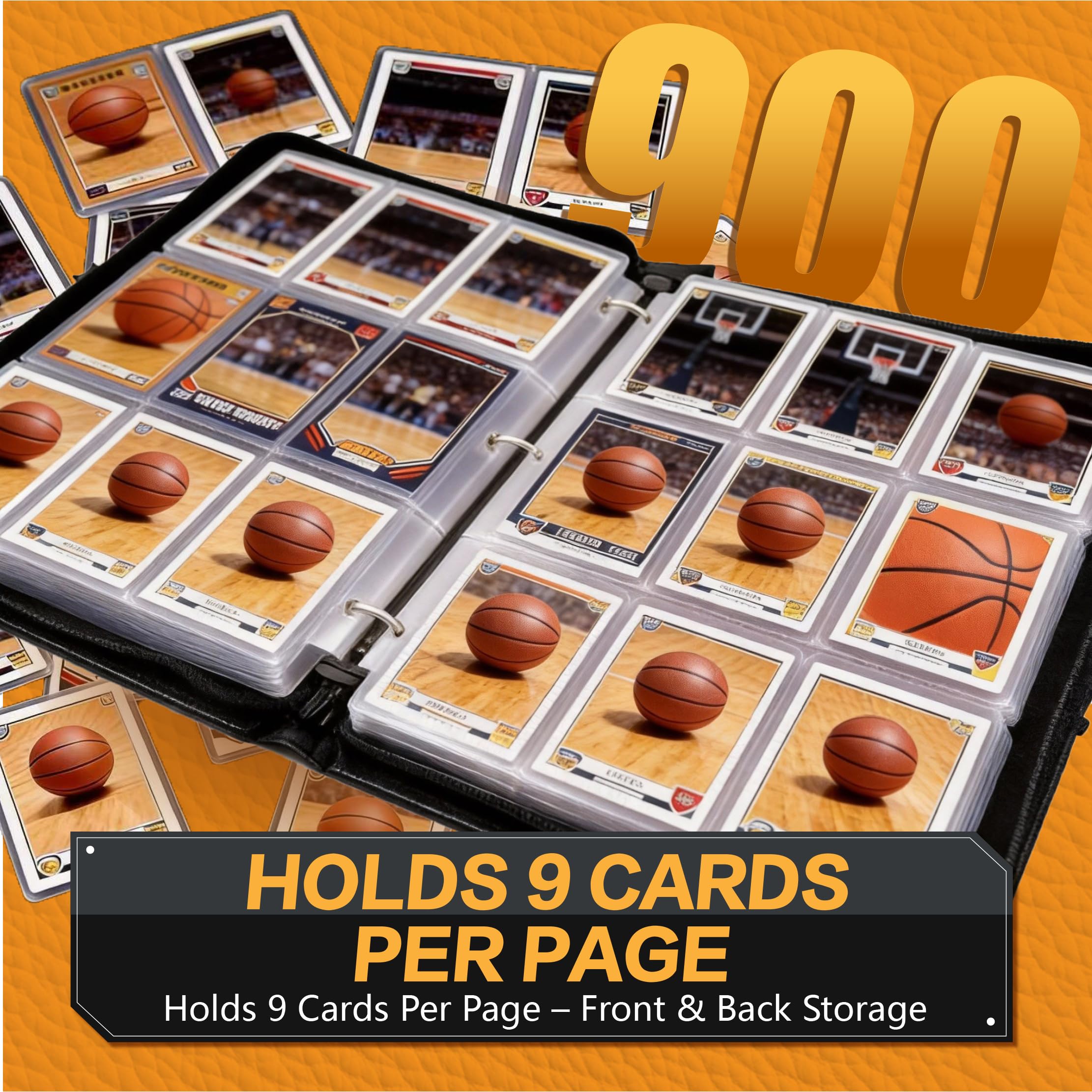 XS01 Classeur pour cartes de basket-ball avec pochettes, 9 poches, protecteur de cartes portable avec fermeture éclair, peut contenir 900 cartes avec 50 pochettes amovibles, étui de transport pour
