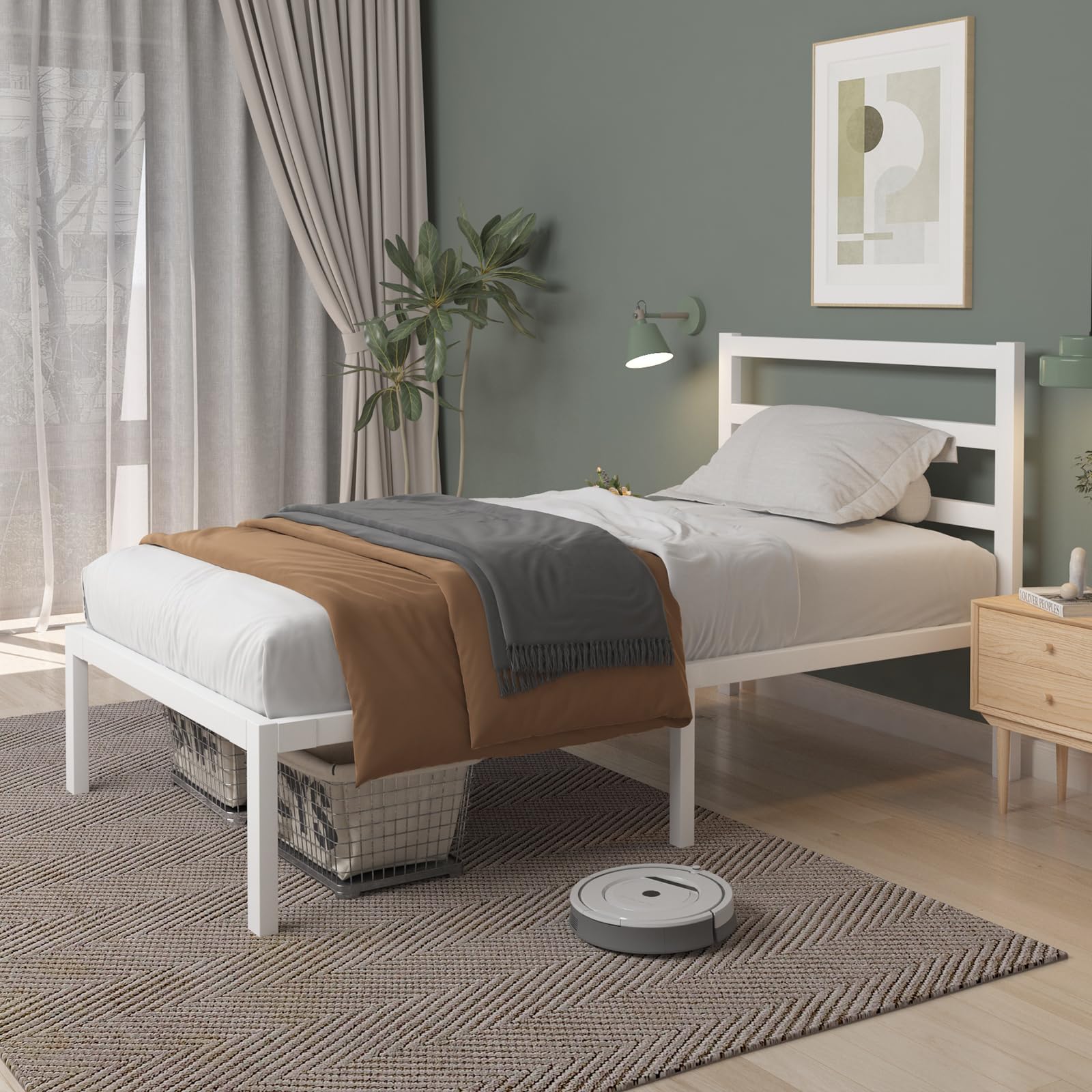 Twin Size Bed Frame, Heavy Duty Platform Bed Frame with Strong Metal Foundation,Under Bed Storage,Mattress Foundation,No Box Spring Required,Easy Assembly, White